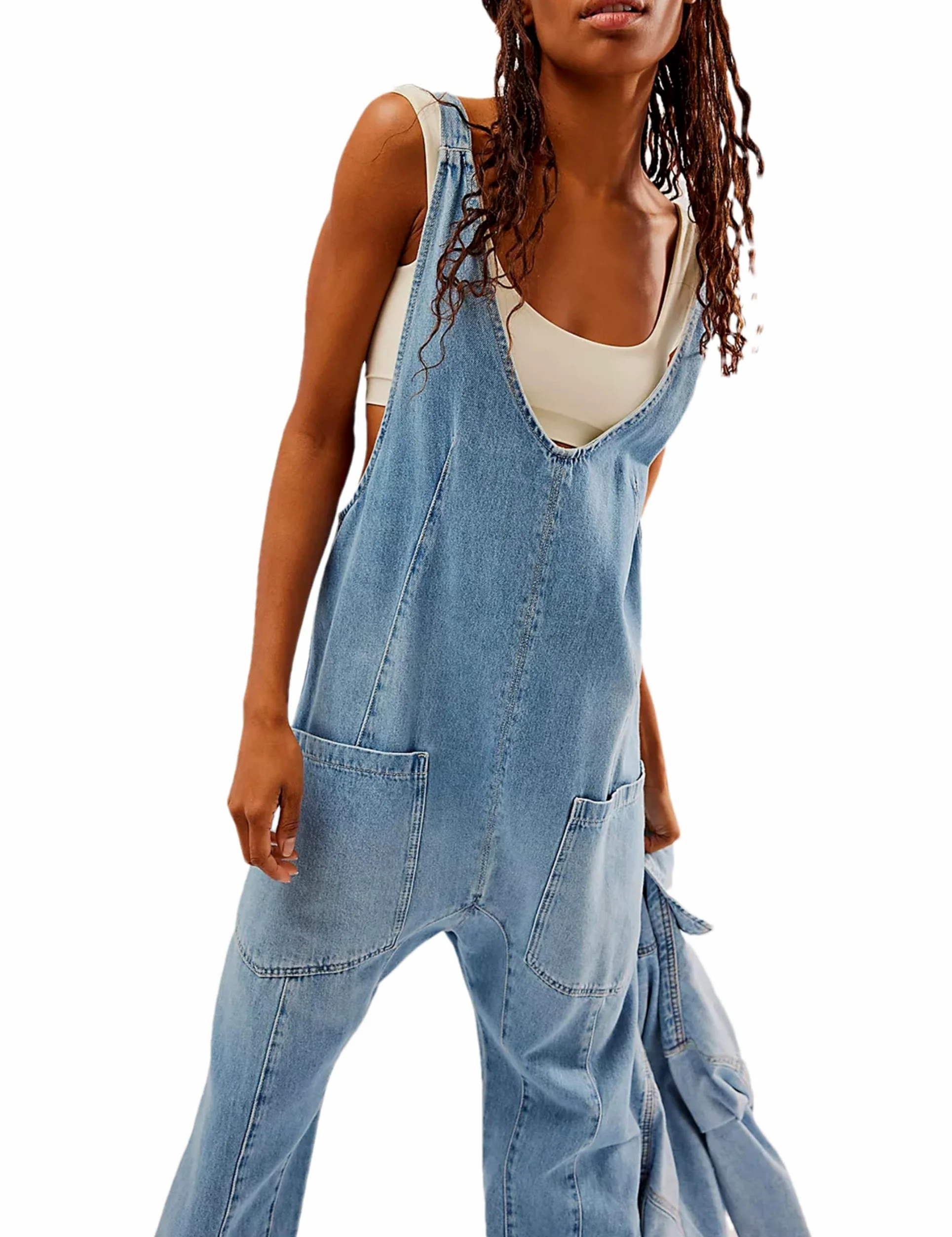 Peto Vaquero Para Mujer - Informal Escote En V Corte Holgado Tirantes Ajustables Pantalones Vaqueros Con Bolsillos Mono Cargo Con Piernas Rectas Tirantes Rompers