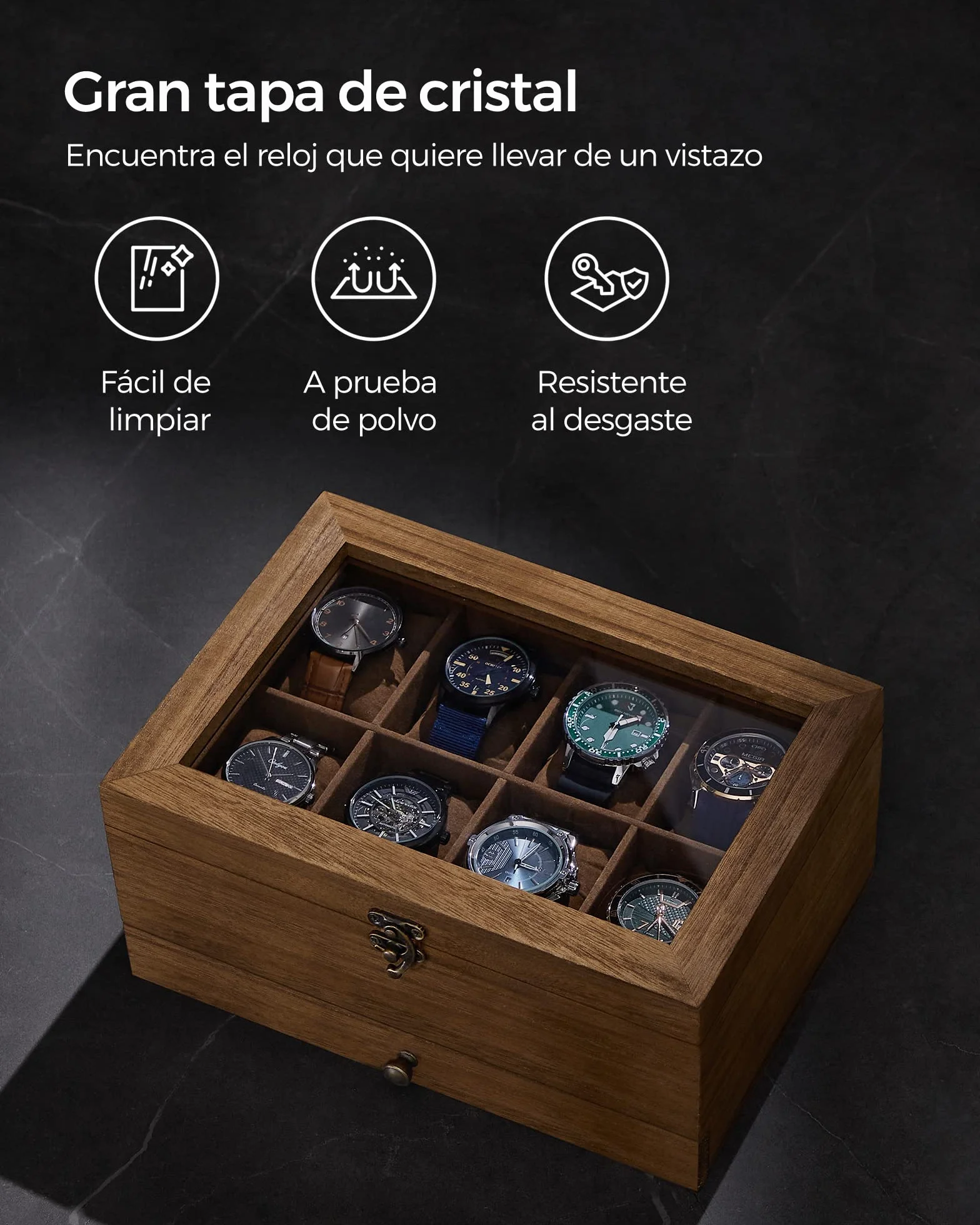 SONGMICS GISELLA Caja de Relojes 8 Ranuras Estuche Madera 2 Niveles Tapa Cristal Nogal Rústico