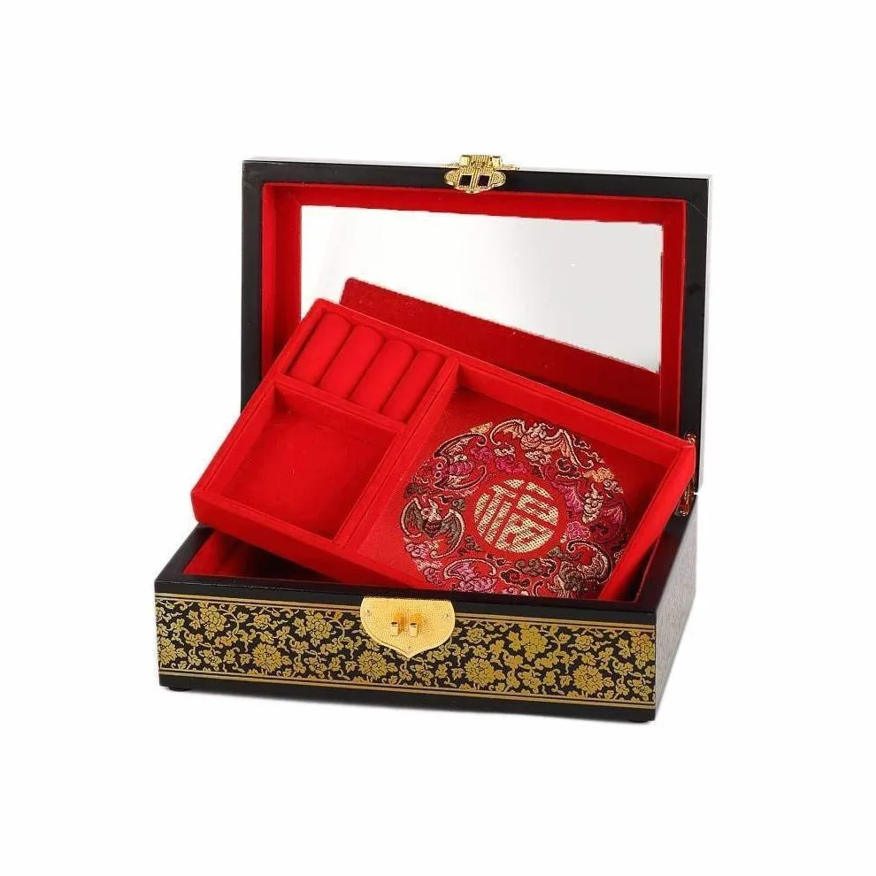 Joyero Paisaje chino Pekín Beijing Caja de almacenamiento de joyas madera lacada Negro oro dorado Decoración asiática