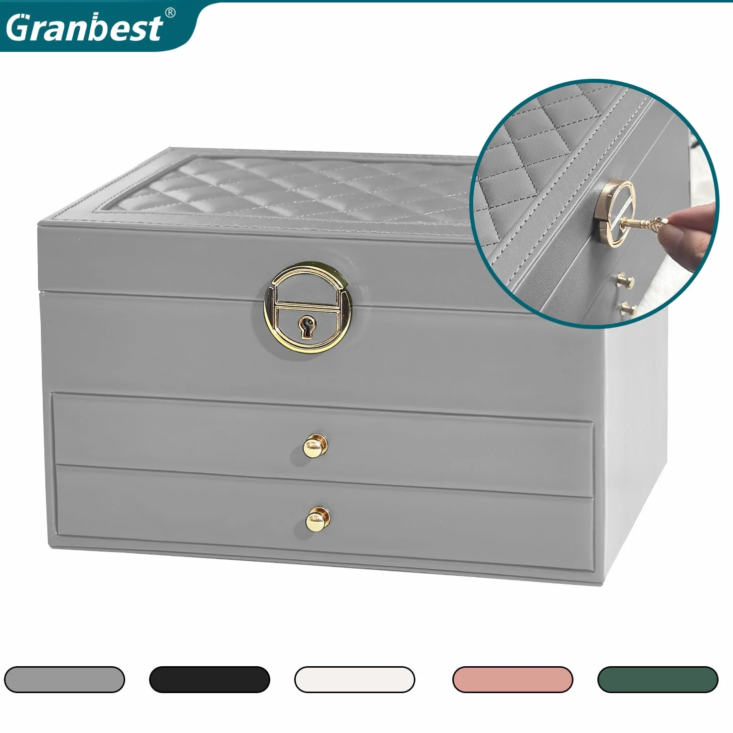 Granbest Joyero de 3 niveles con 2 cajones, caja de joyería de cuero para collares, pulseras, anillos y pendientes (gris)