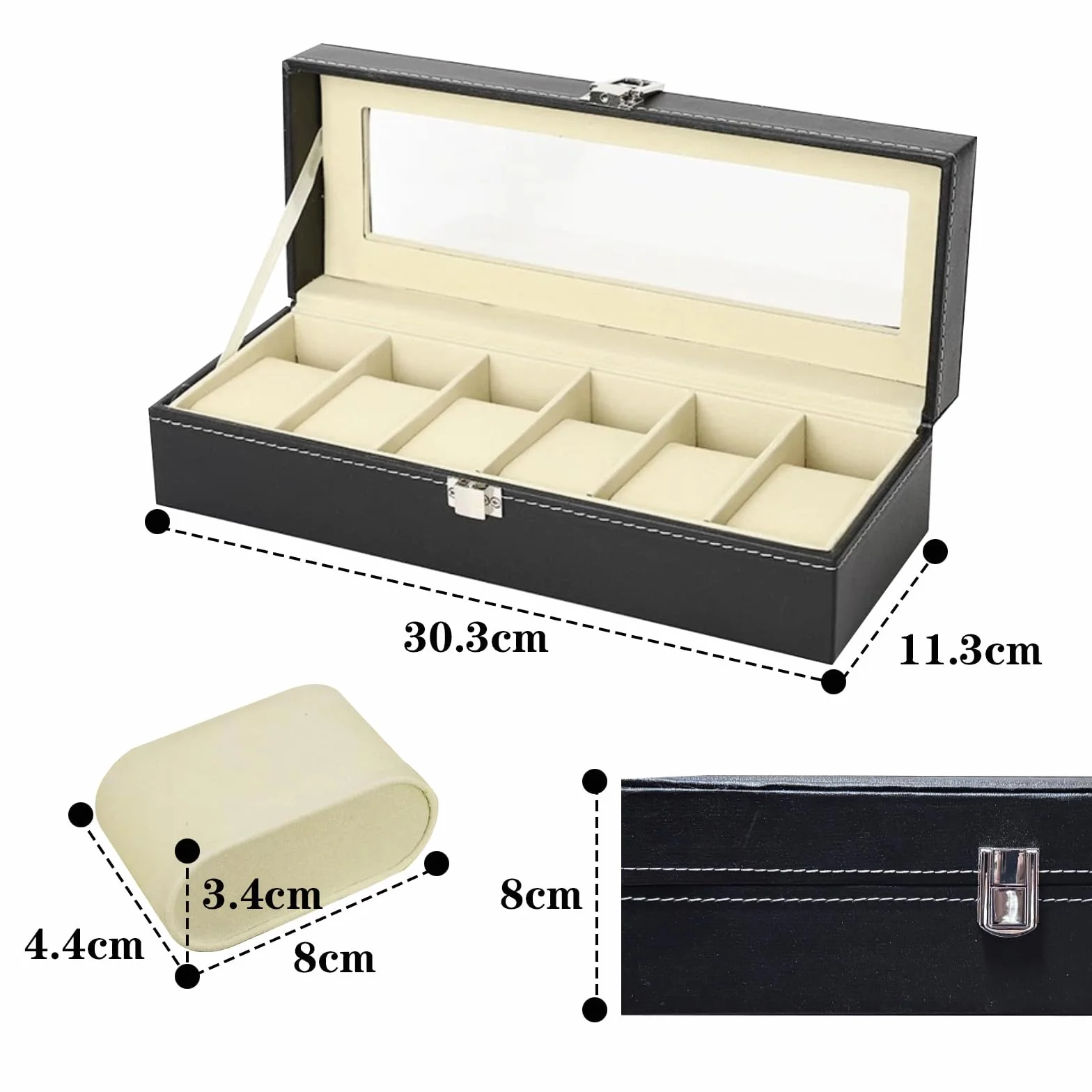 Estuche para Relojes con 6 Compartimentos, Tapa de Cristal, Organizador, Regalo Hombre, Negro