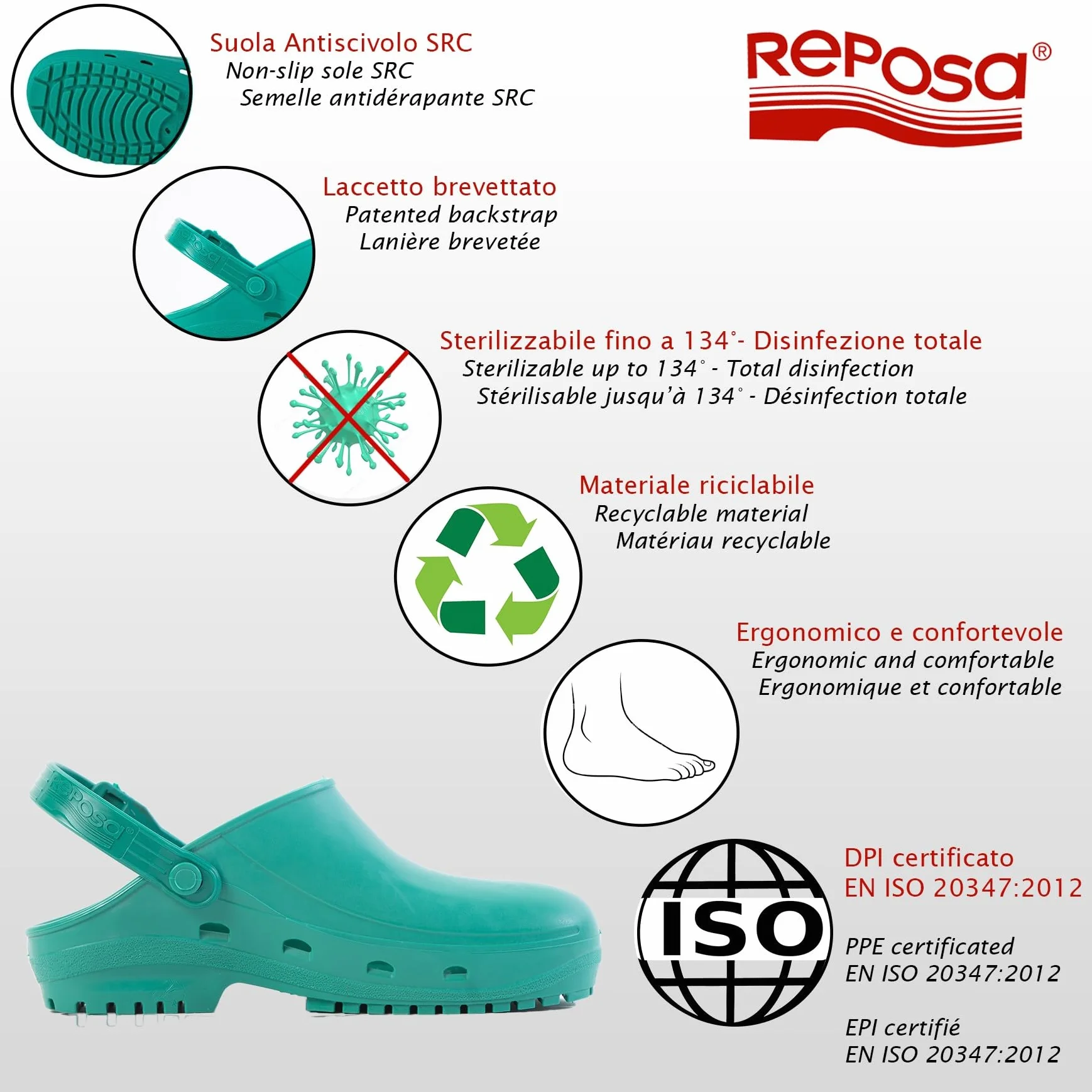 REPOSA MAX Zuecos Sanitarios Antideslizantes SRC Mujer Hombre Goma Correa Ajustable