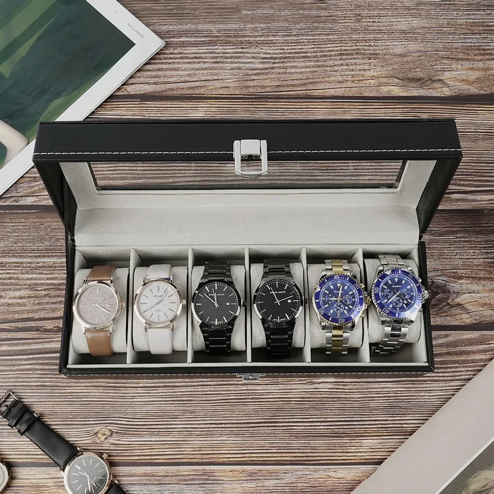 OFFCUP Caja de Relojes con 6 Compartimentos, Piel, Tapa de Cristal y Cojín Extraíble, Regalo para Hombres y Mujeres (Negra)