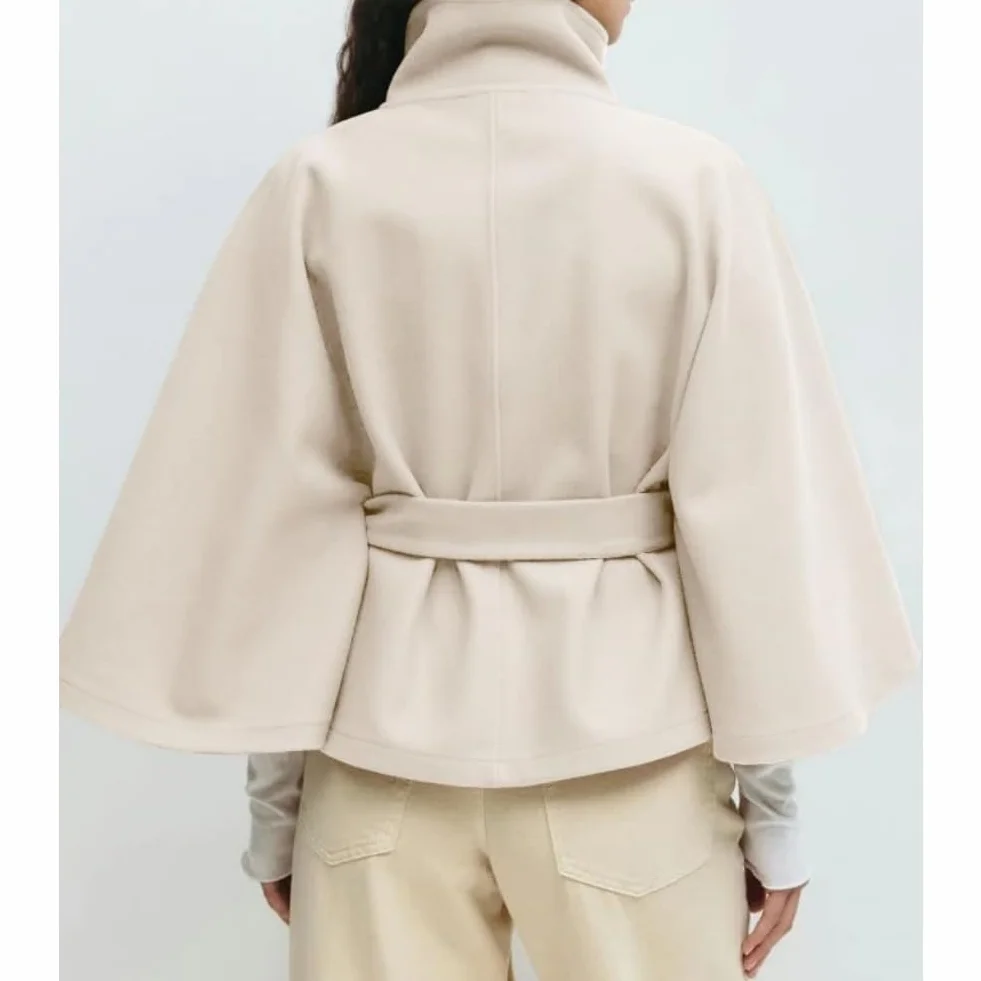 Poncho de manga murciélago para mujer abrigo corto invierno cuello alto cinturón