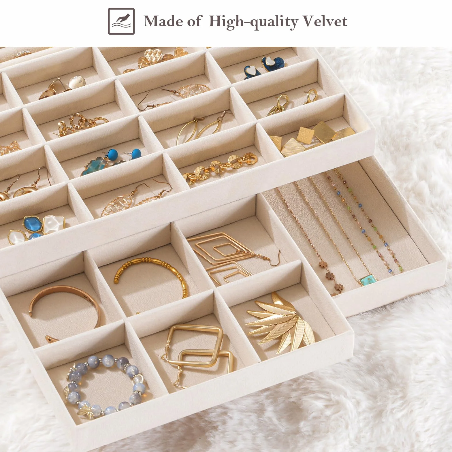 ProCase 3 Bandejas Organizadora para Joyería, Apilables para Cajón Tocador Armario, Exhibidor de Collares Pendientes Pulseras Anillos Relojes, Regalo Ideal para Mujeres y Niñas -Crema