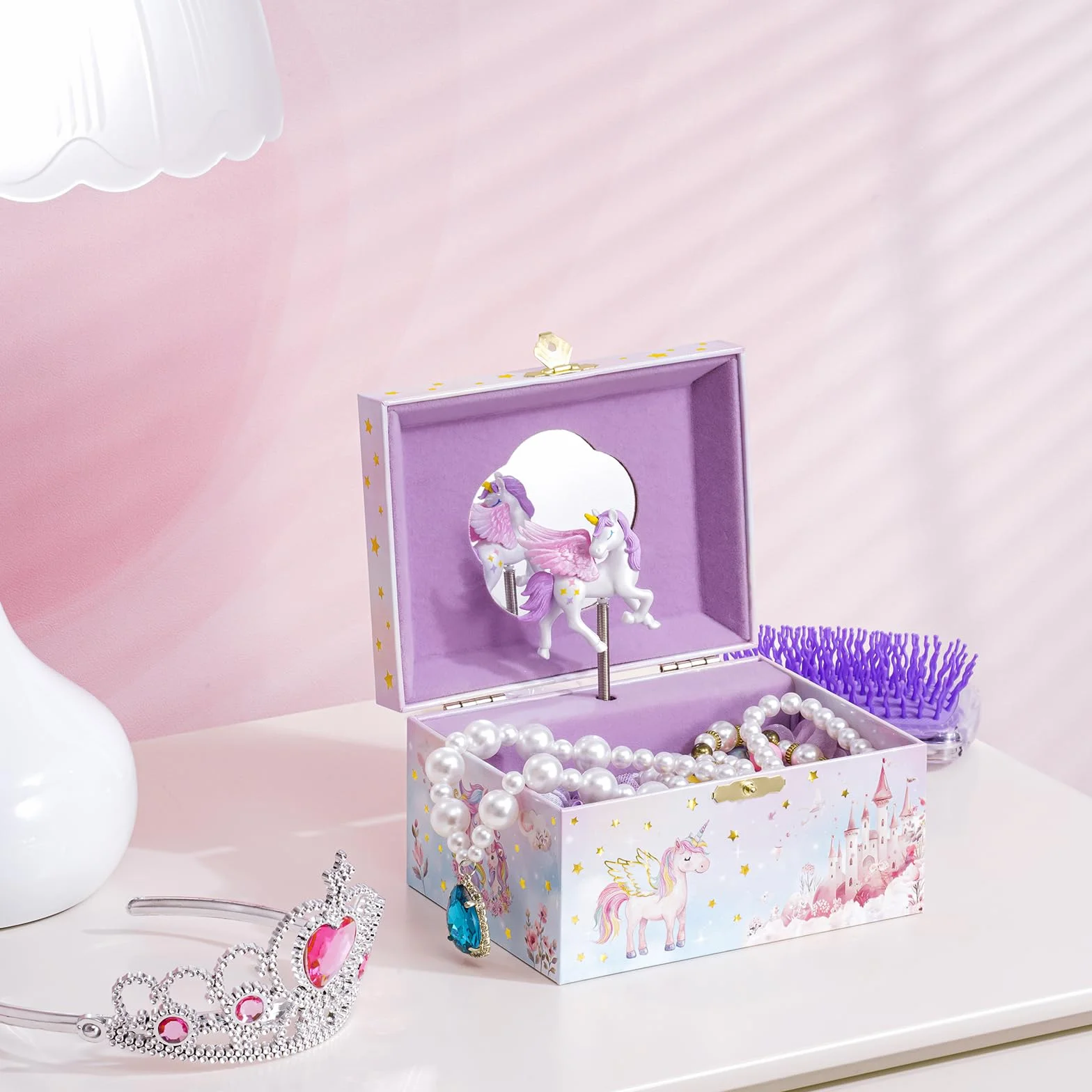 ProCase Joyero Musical Infantil con Muñeca Unicornio Giratoria para Niñas, Organizador Caja de Collar Pendiente Pulsera Anillo - Rosa