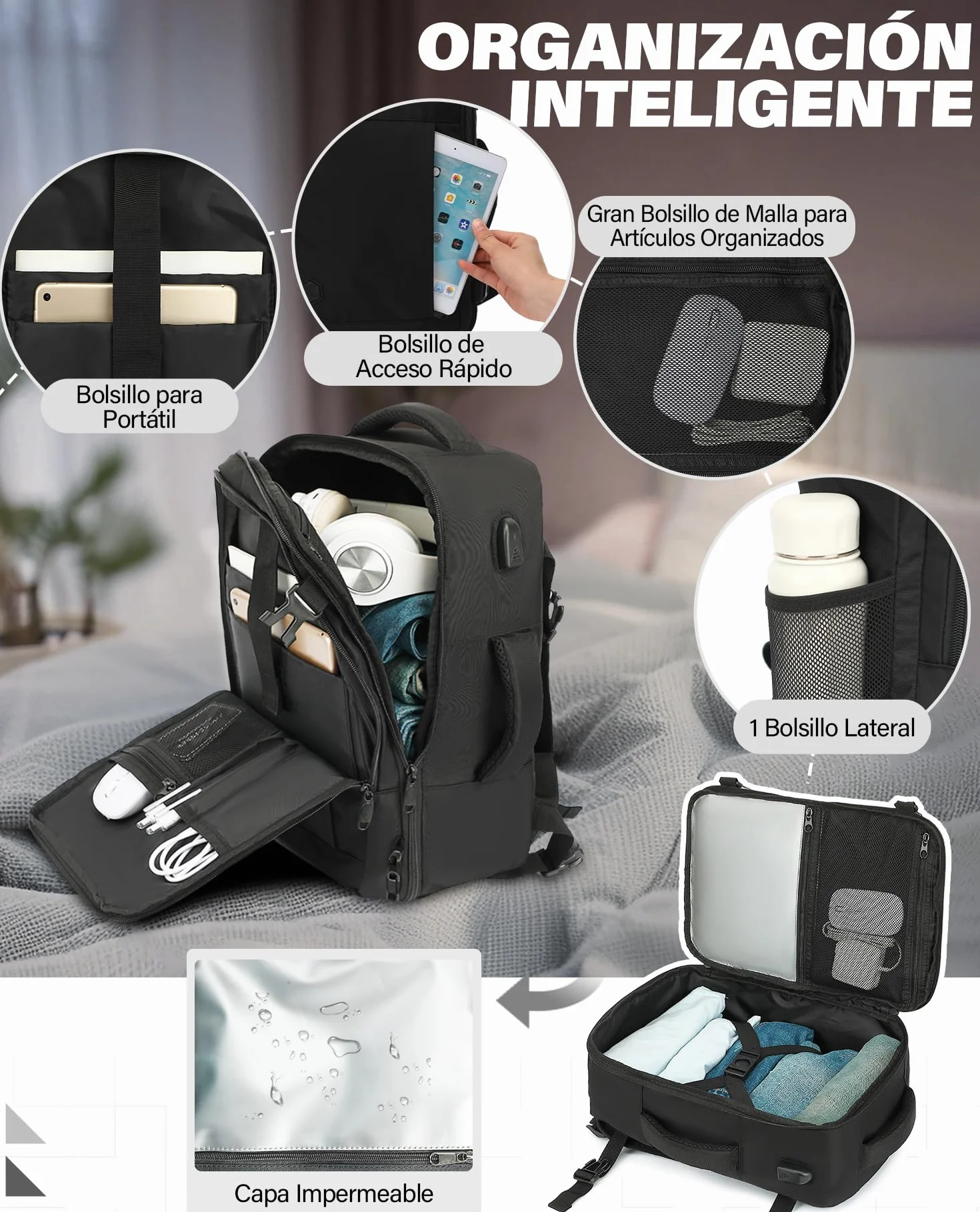 VANKEV Mochila Viaje Cabina Avion 40x30x20 24L Equipaje Mano Bolso Portatil 15.6 Pulgadas NEGRO