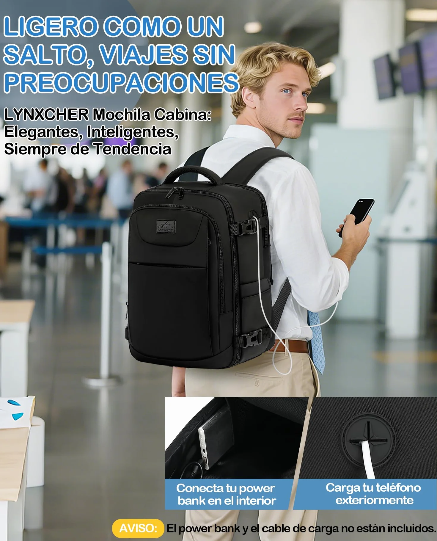 Mochila Viaje Cabina Avion 40x20x25 Ryanair Equipaje Mano 20L Negro
