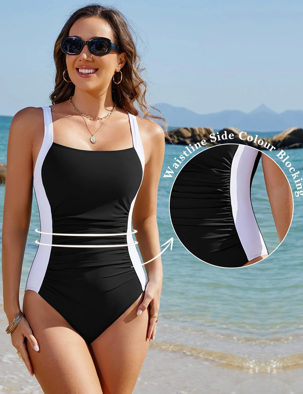 Bañador Reductor de Vientre Plano Mujer con Fruncido Traje de Baño Una Pieza Cuello en U Talla Grande Verano