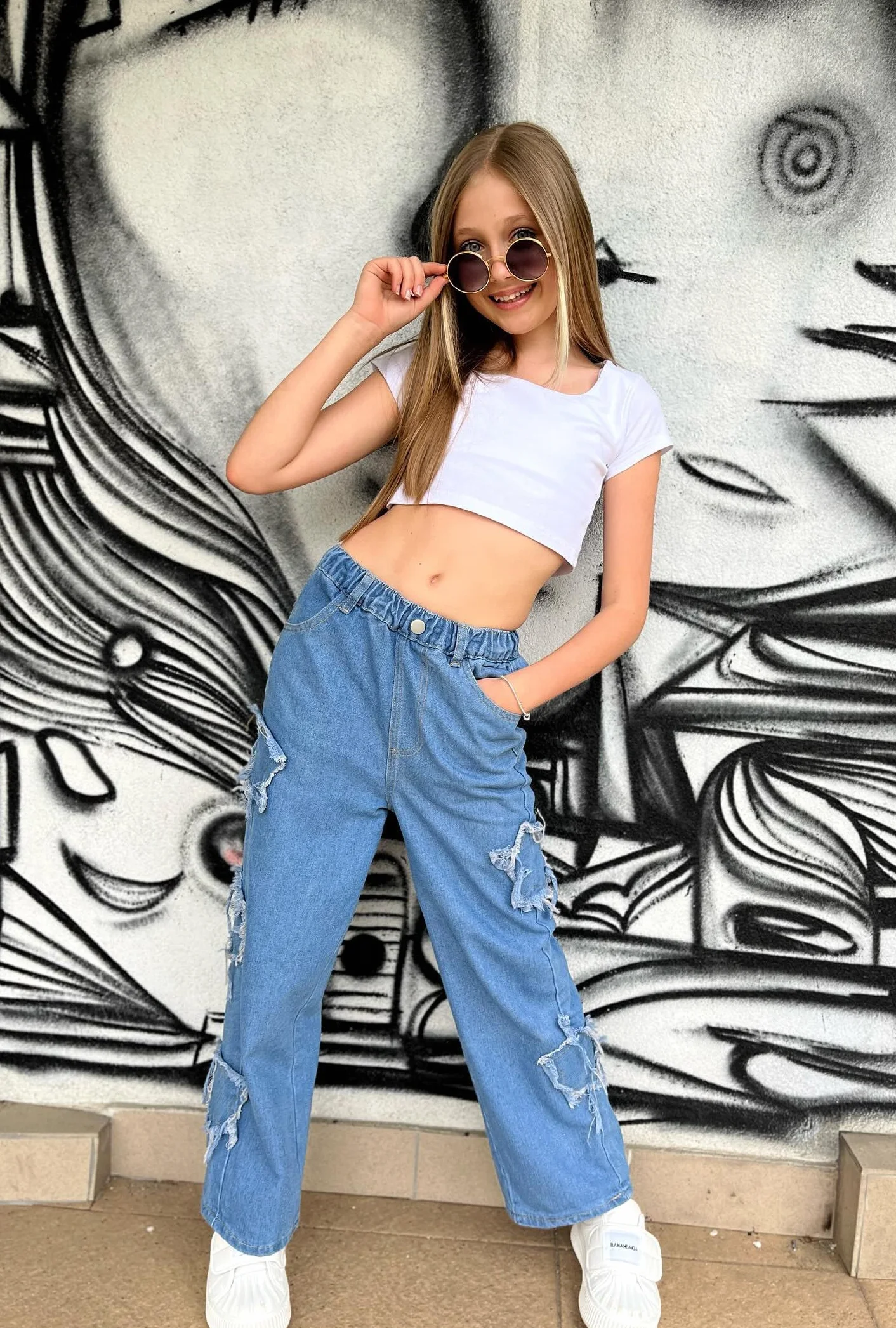 Vaqueros Niñas Loose Denim Pantalones Cintura Elástica Moda Rotos Azul