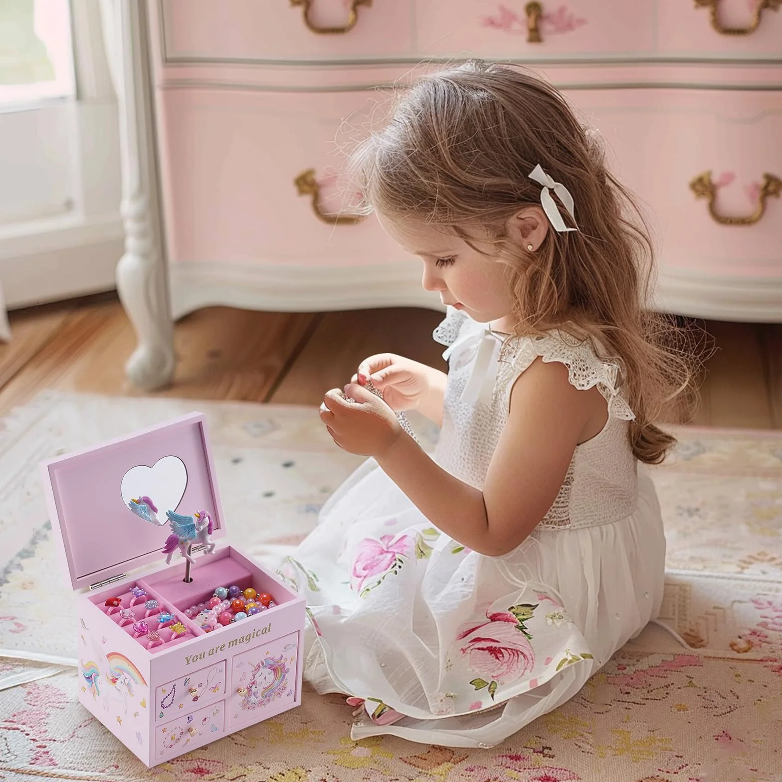 Lolalet Joyero de Madera para Niñas, Organizador de Joyería con Unicornio, Caja para Collar, Pendientes, Pulsera, Reloj, Pintalabios y Anillo - Rosa