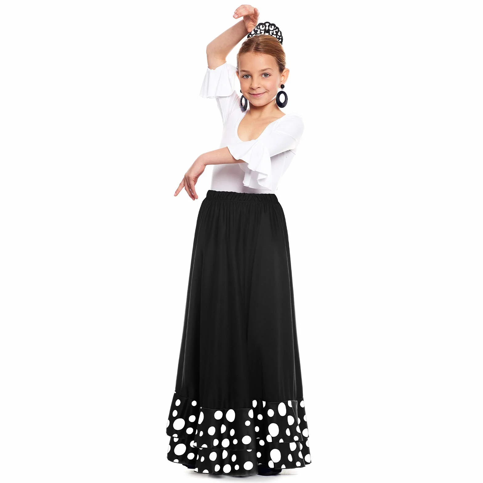 Falda Flamenca Niña Negra Lunares Blancos Volante Doble Tallas 2-12 años Disfraz Baile