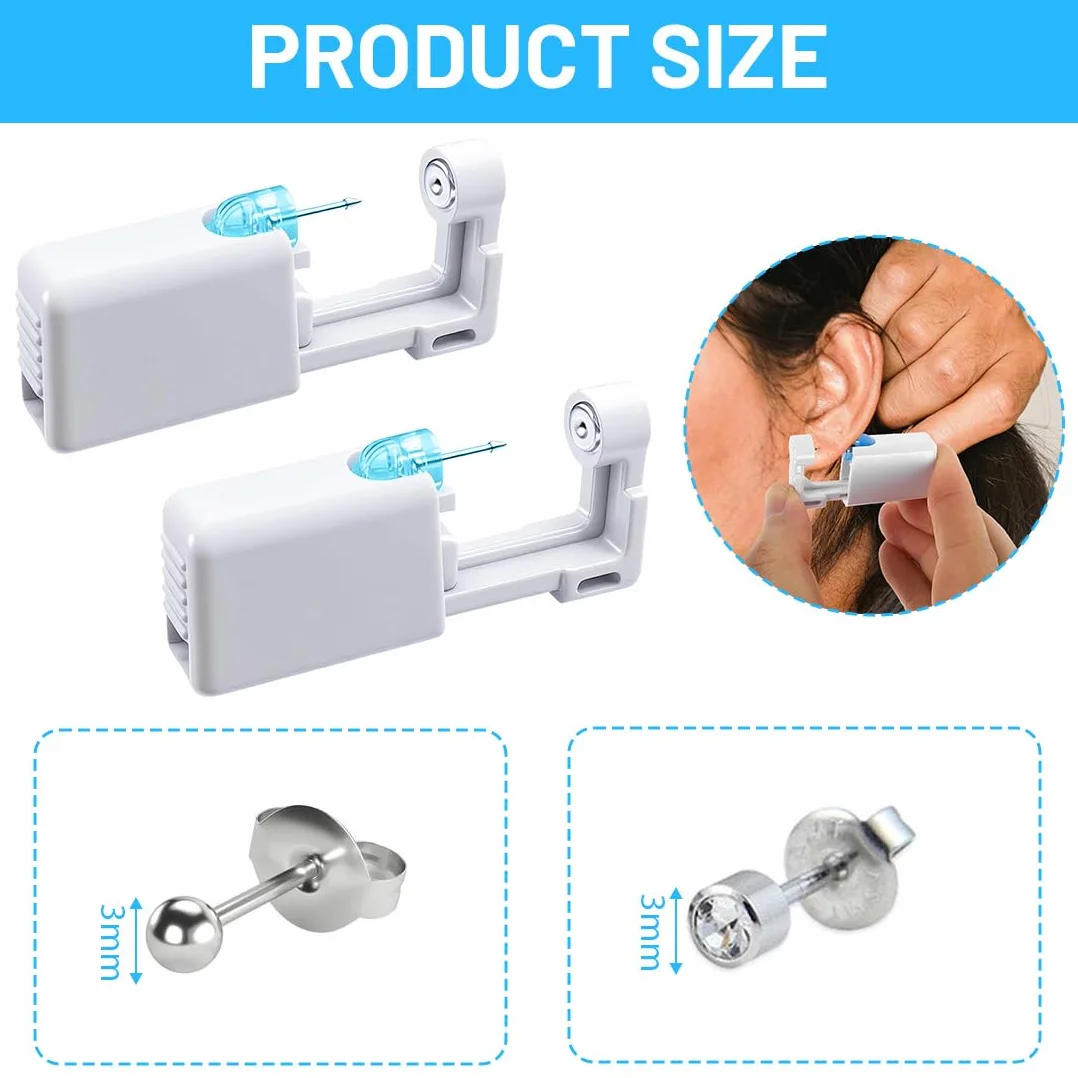 Pistolas para Piercing Oreja Desechables Kit Autoperforante Indolora Estéril con Aretes 4 Piezas