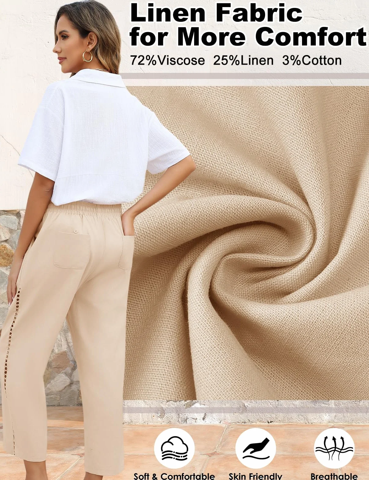 Pantalones Mujer Verano de Lino Elástico Cintura Suelta Cómodo Ligero con Bolsillos Cordón