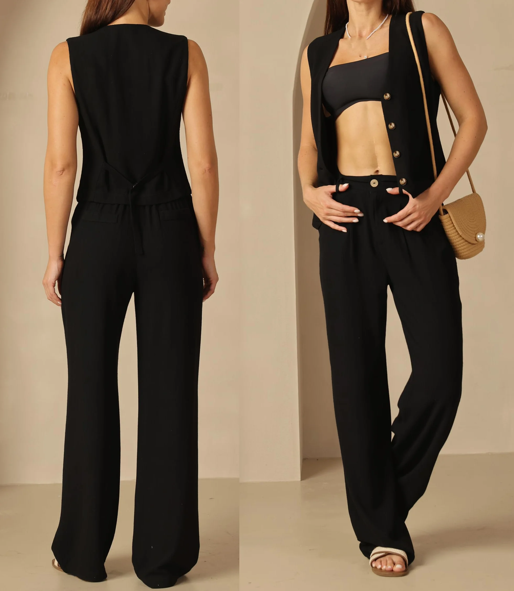 Fakanhui Conjunto de 2 piezas de lino para mujer, pantalones de pierna ancha, ropa de negocios