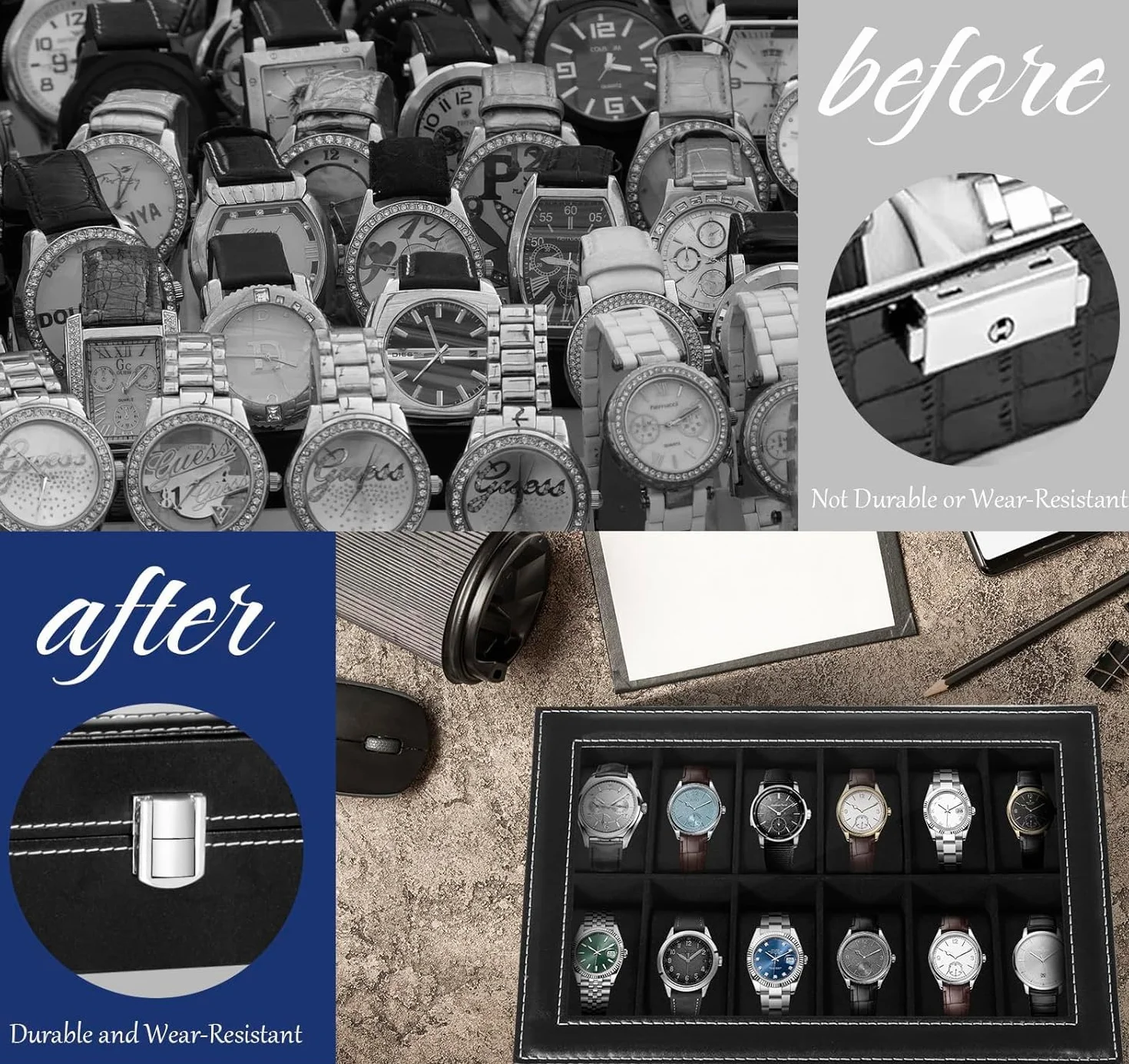 Caja de Relojes con Tapa de Cristal y Cojín Extraíble 12 Ranuras Organizador