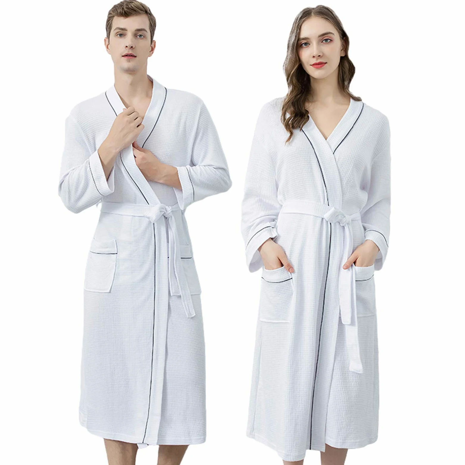 Albornoz de algodón de punto, kimono largo, con bolsillos para hombres y mujeres, spa y piscina de hotel