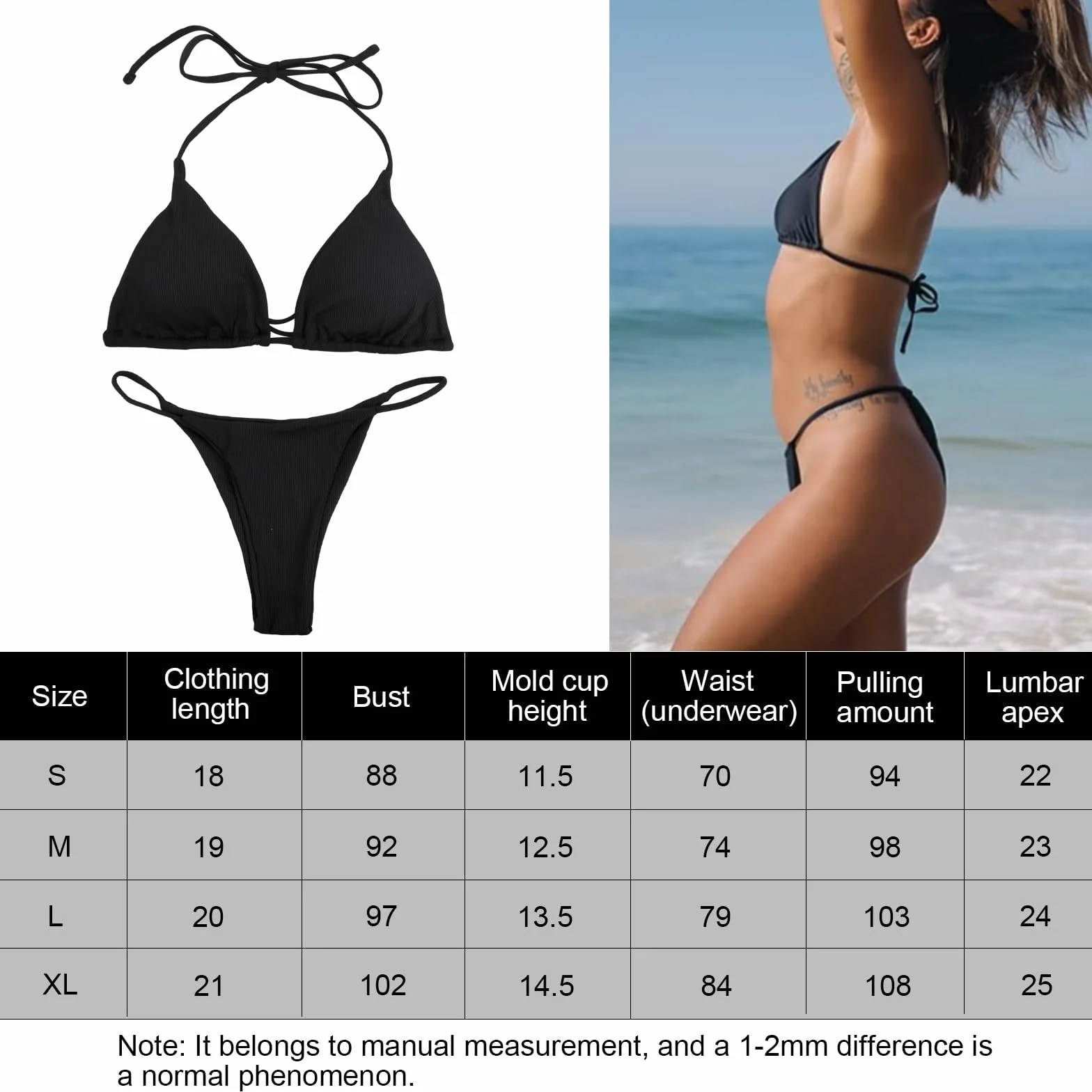Mujer Bikini Sets Tiras Ajustable Traje Bañador Halter Dos Piezas con Relleno Negro