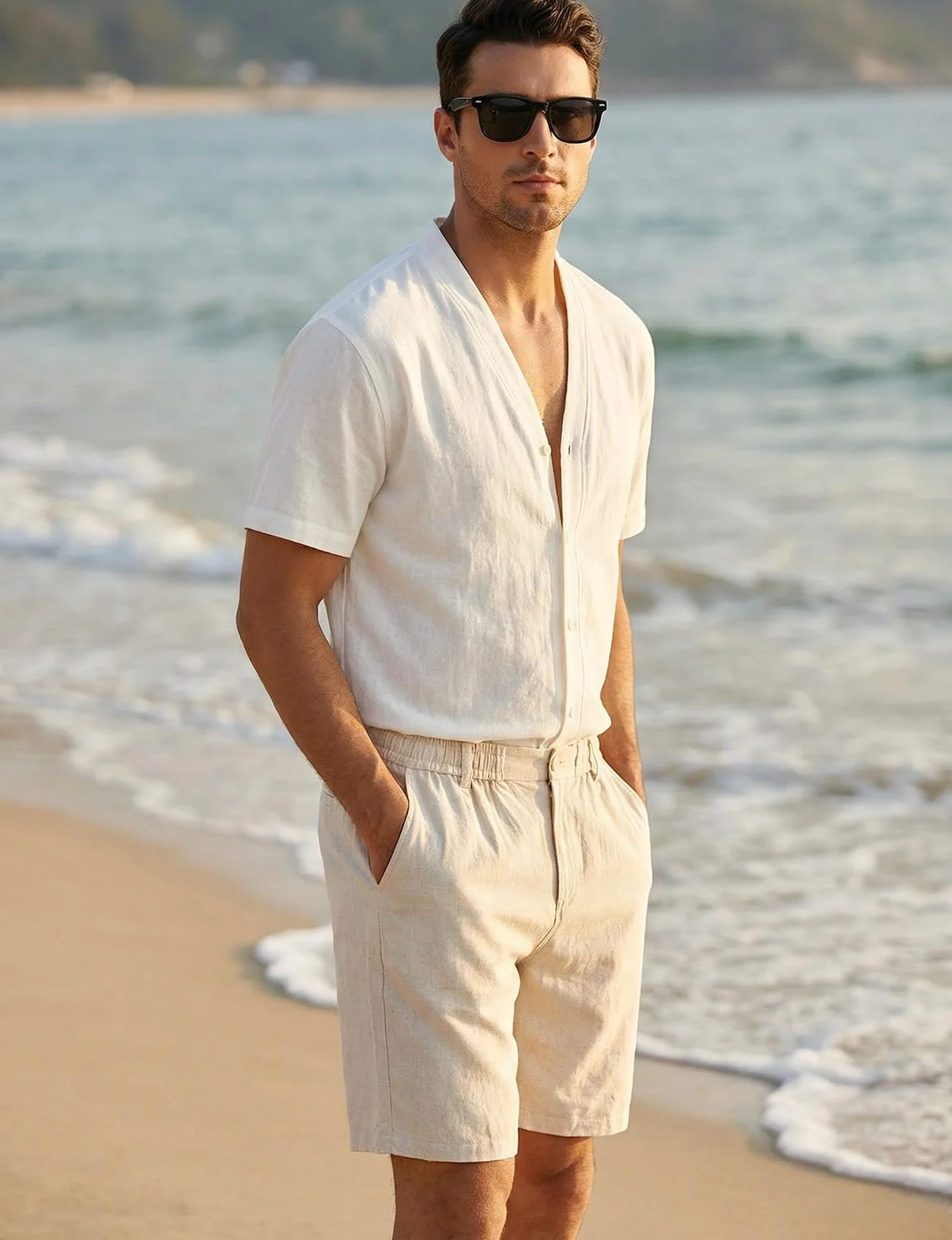 Halfword Lino Bermudas Cortos para Hombre Verano Casual Ligeros Elásticos