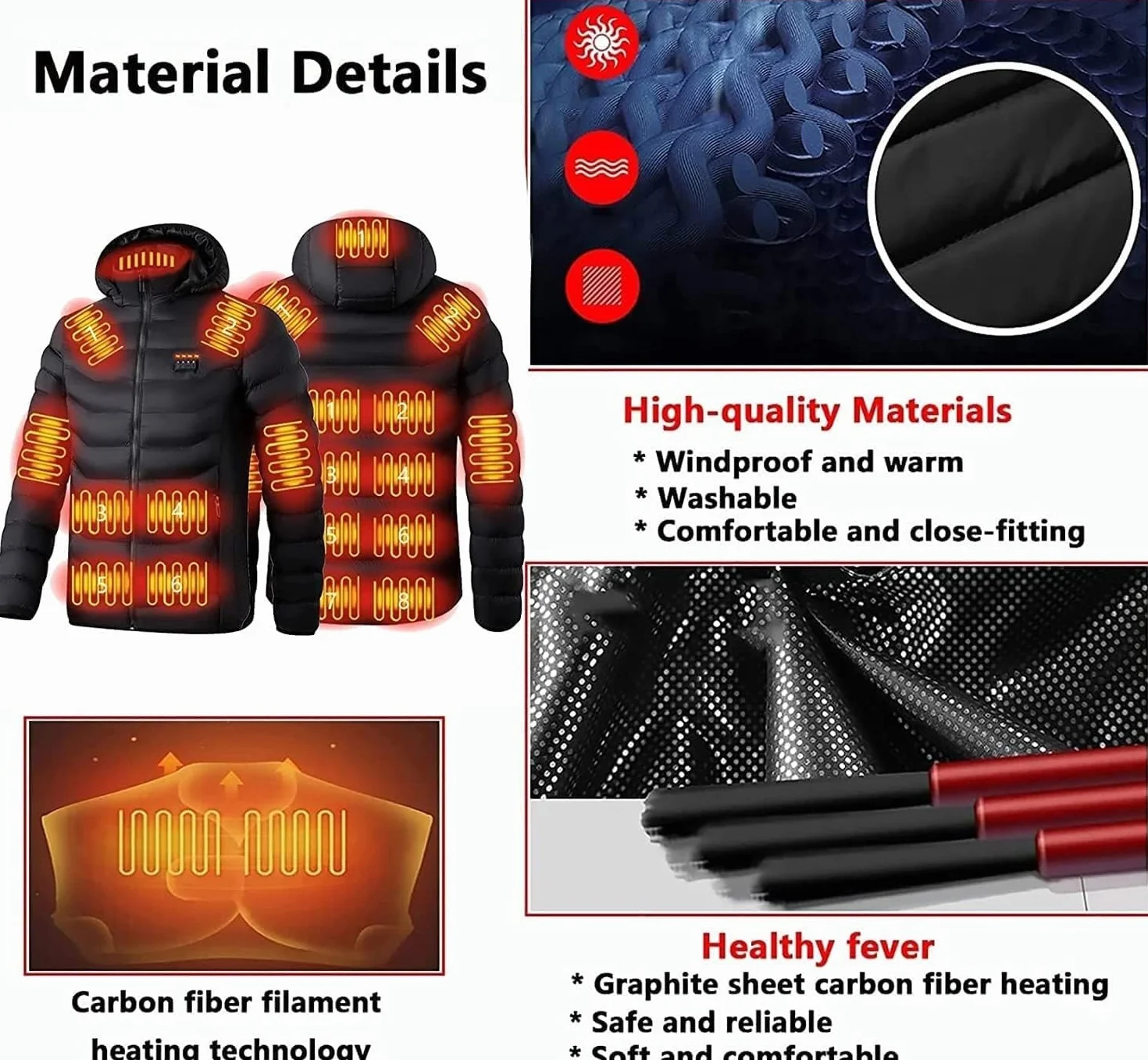 Chaqueta Calefactable Eléctrica 19 Zonas USB Recargable Lavable con Capucha para Hombre Mujer