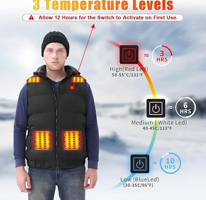 Chaleco calefactable hombre con batería 10000mAh, chaqueta sin mangas, 3 niveles de calor + 9 zonas