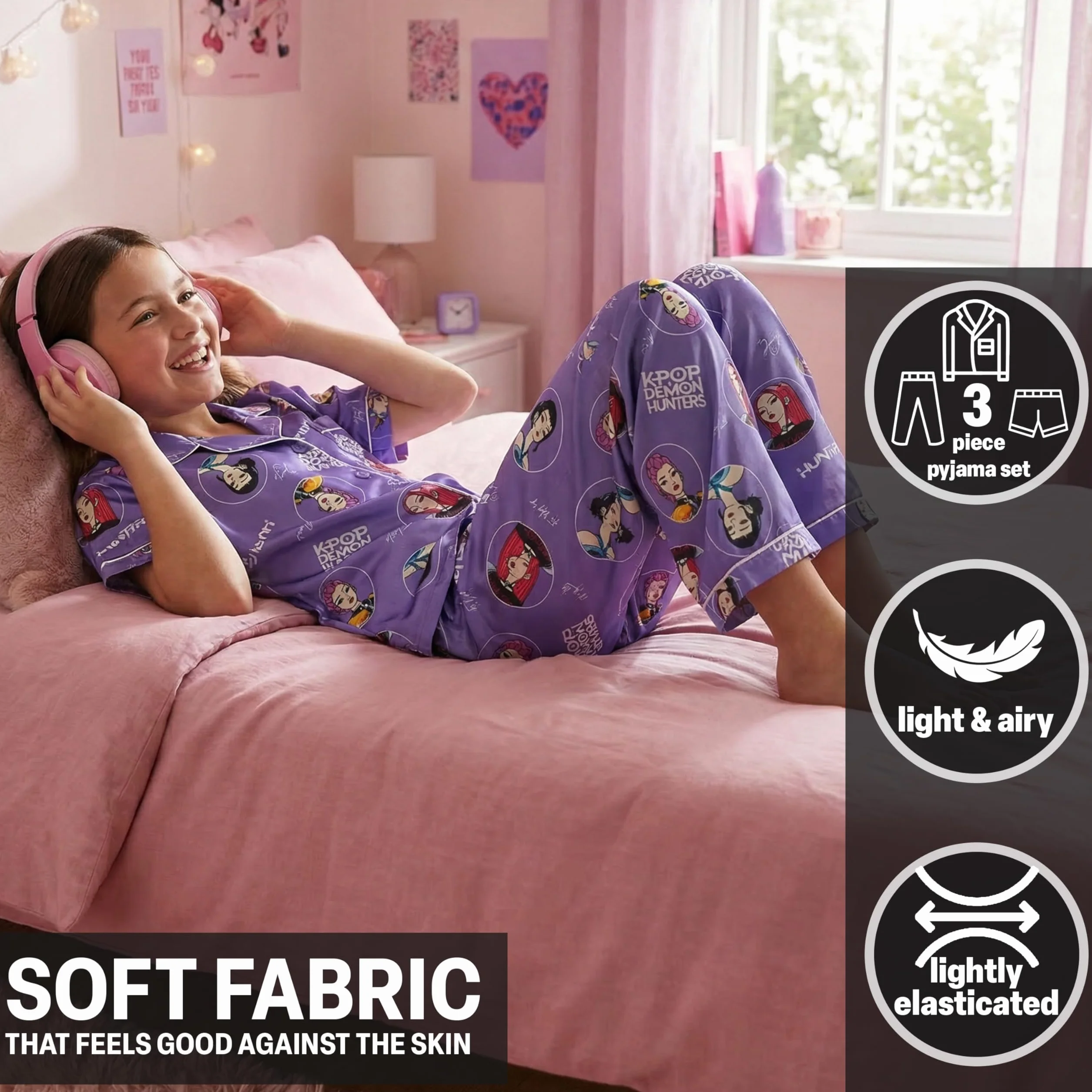 Pijama Niñas 5-14 Años Conjunto Satén 3 Piezas Camiseta Manga Corta Pantalon Largo y Corto