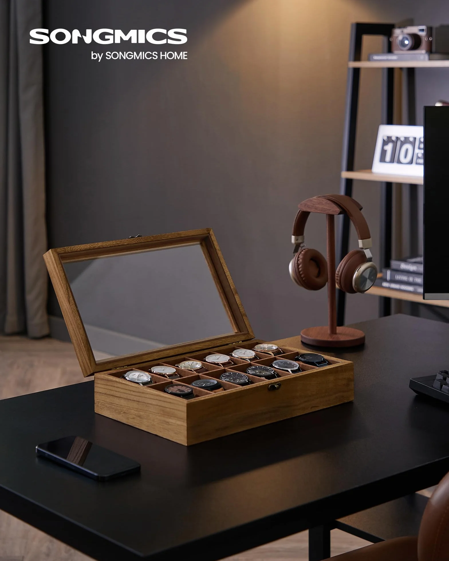 SONGMICS Caja para Relojes 12 Compartimentos Madera Maciza Tapa Cristal Nogal Rústico JOW120K01
