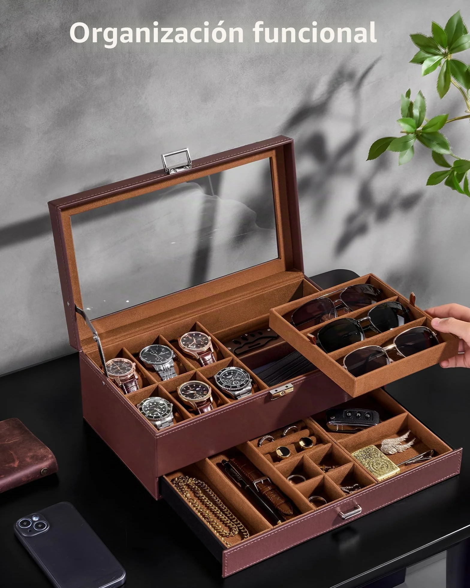 ProCase Caja Joyero para Hombres con Cerradura, 6 Espacios Relojes, PU Cuero, Marrón