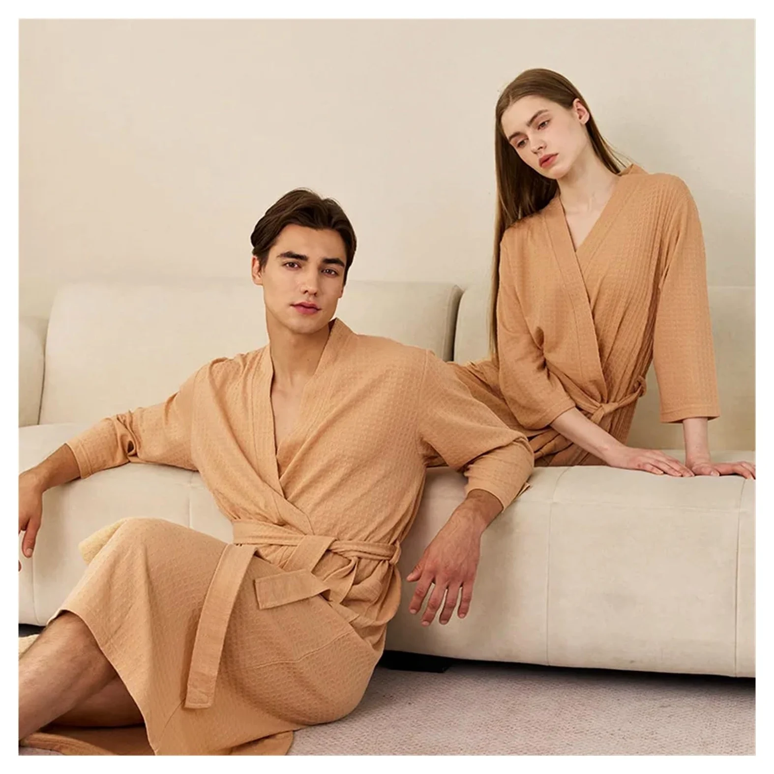 Albornoz Mujer Rizo Albornoz de verano fino y absorbente con diseño gofre for mujer hombre, camisón sencillo longitud media for, toalla baño transpirable