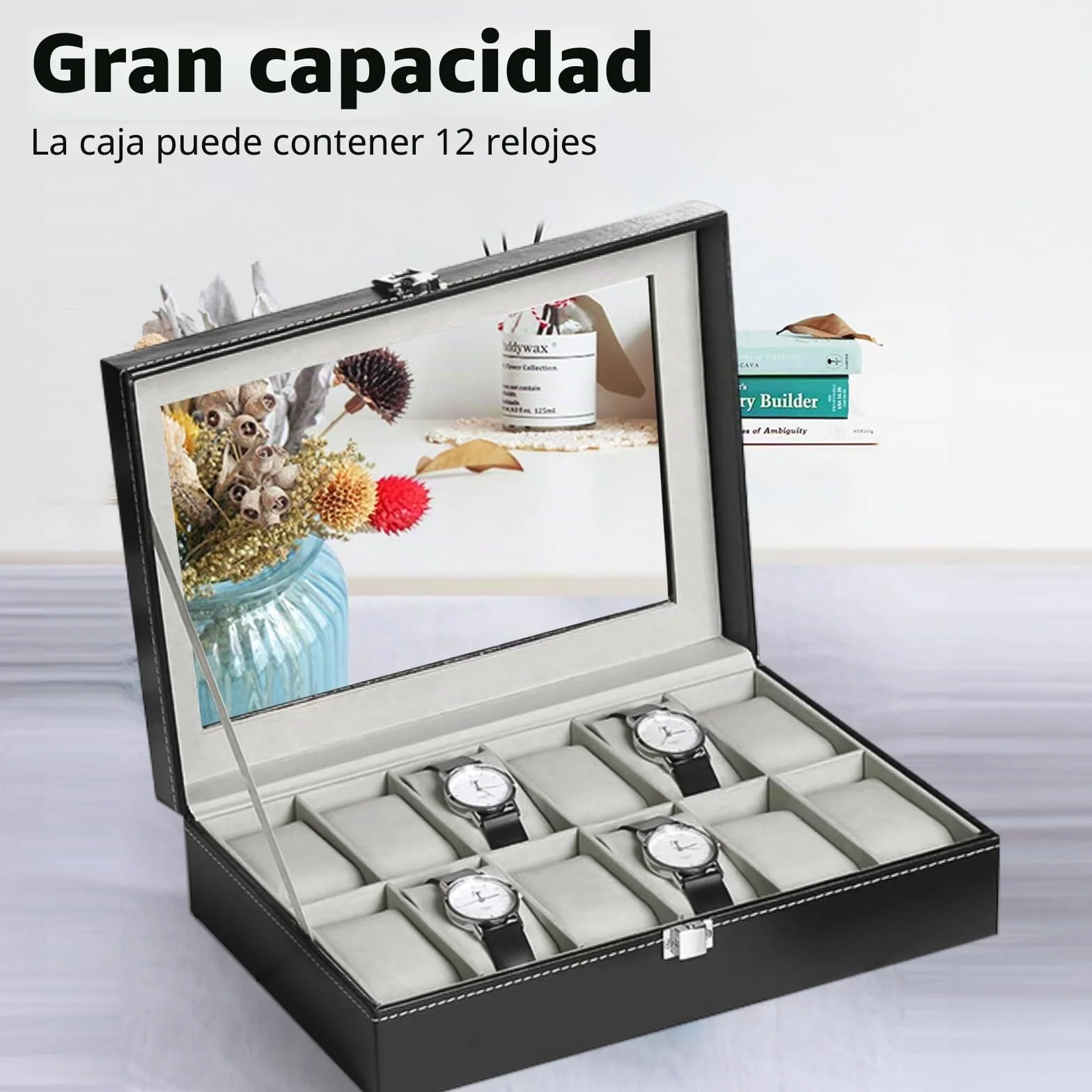 Caja para Relojes con 12 Compartimentos, Cristal y Cojín Extraíble