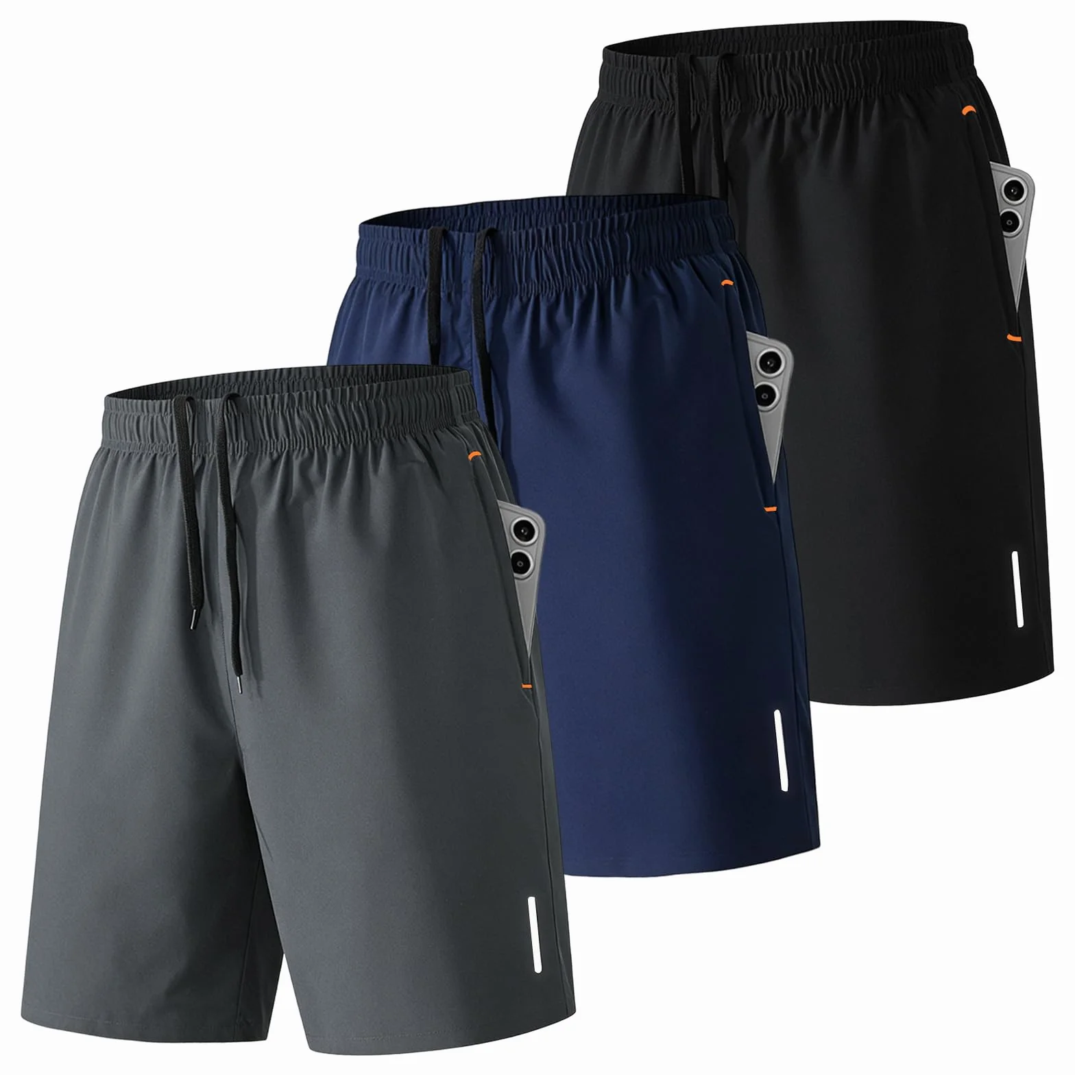 SHAGGA Paquete de 3 Pantalones Cortos de Gimnasio para Hombre, Ligeros, Secado Rápido, 7" Entrepierna Corta con Bolsillos Cremallera