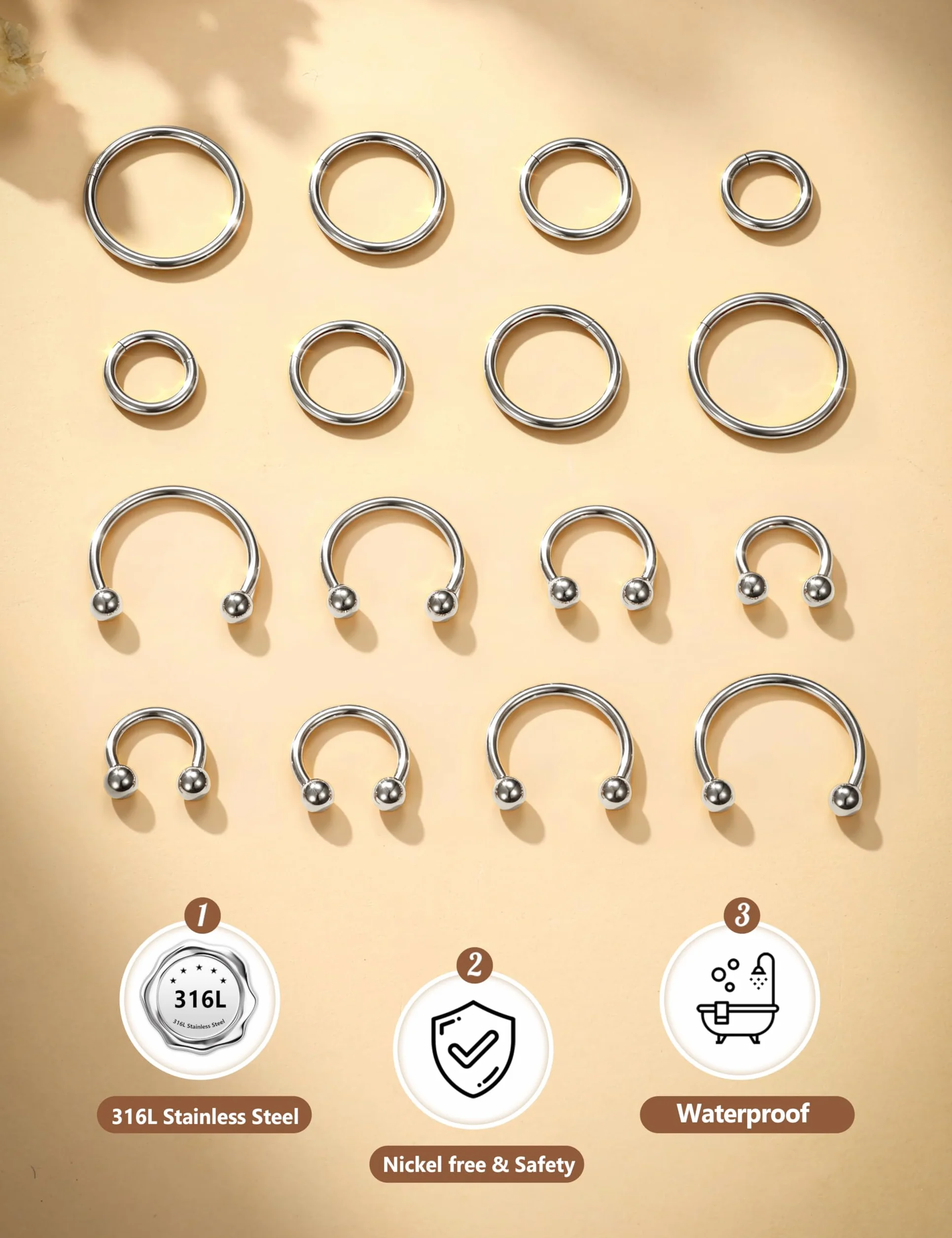 JeweBella 16 Piezas Aro Piercing Nariz Acero Quirúrgico Cartílago Segmento Clicker Anillos 6-12 mm