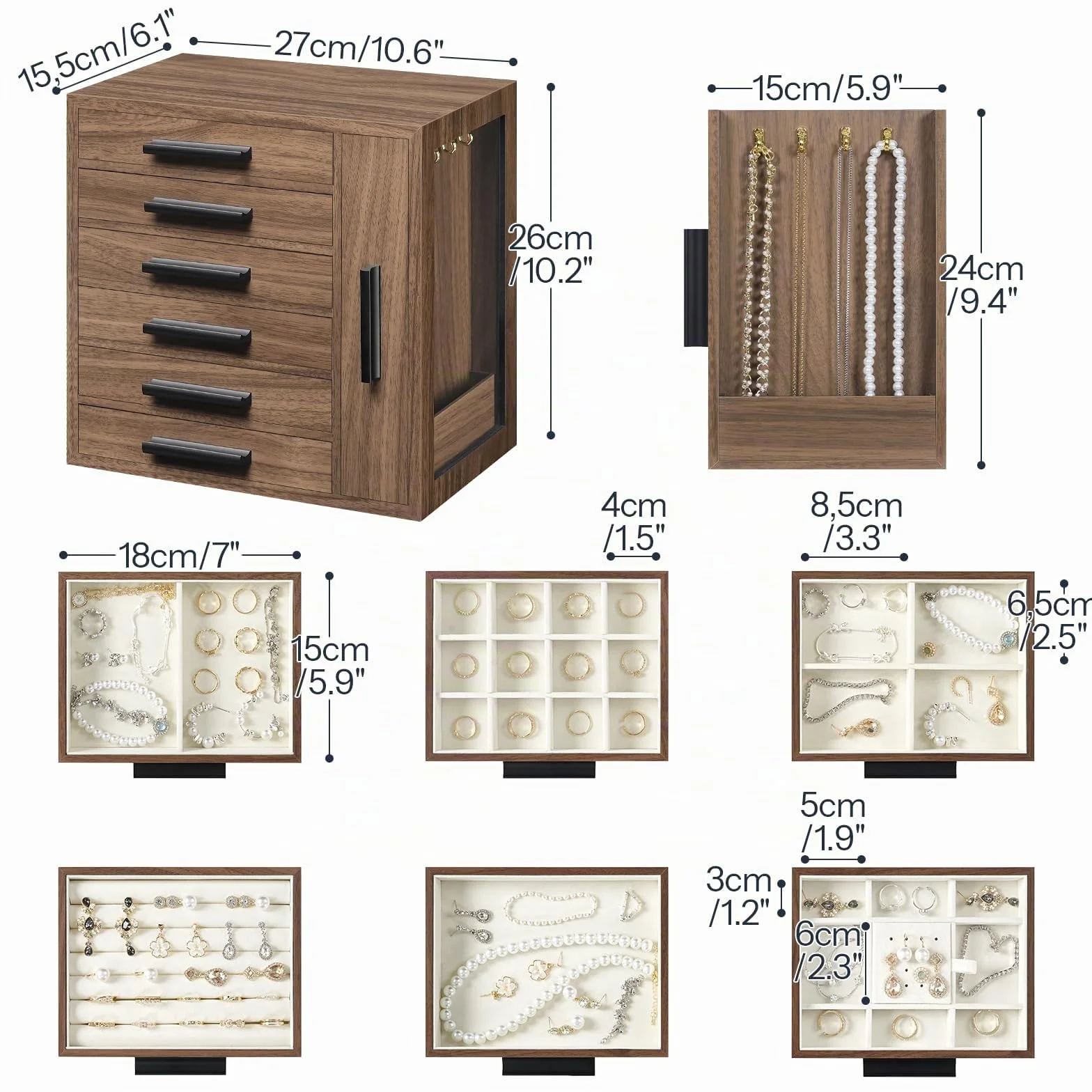 HOOBRO Caja Joyero de Madera 6 Niveles con Ventana Lateral Nogal y Negro