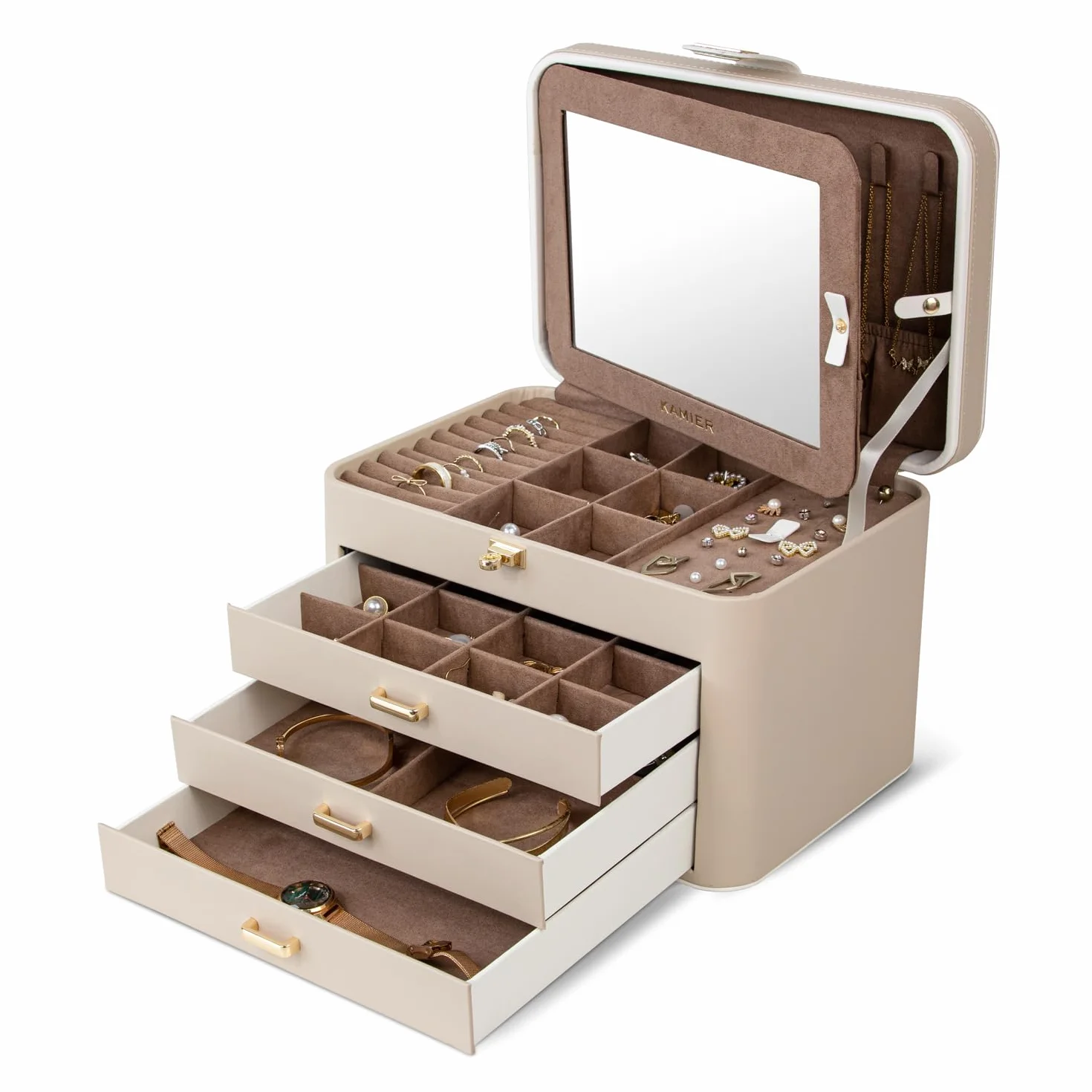 KAMIER Joyero Grande de 4 Niveles, Caja de Joyas con Espejo, Cajones y Cerradura, Piel Sintética, Beige