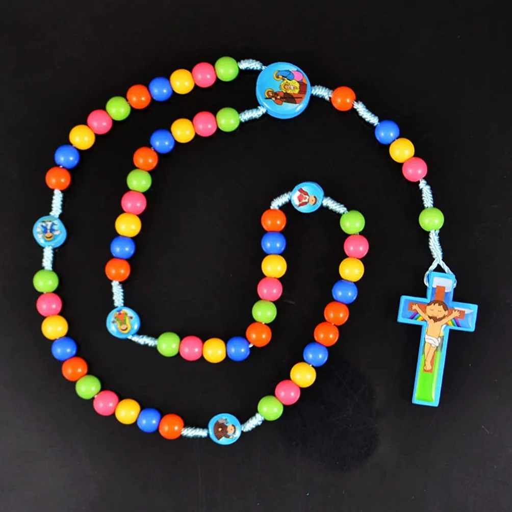 Kimu Collar de rosario con colgante de cruz de Jesús, joyería religiosa para niños y niñas, 8mm, Madera, Perla