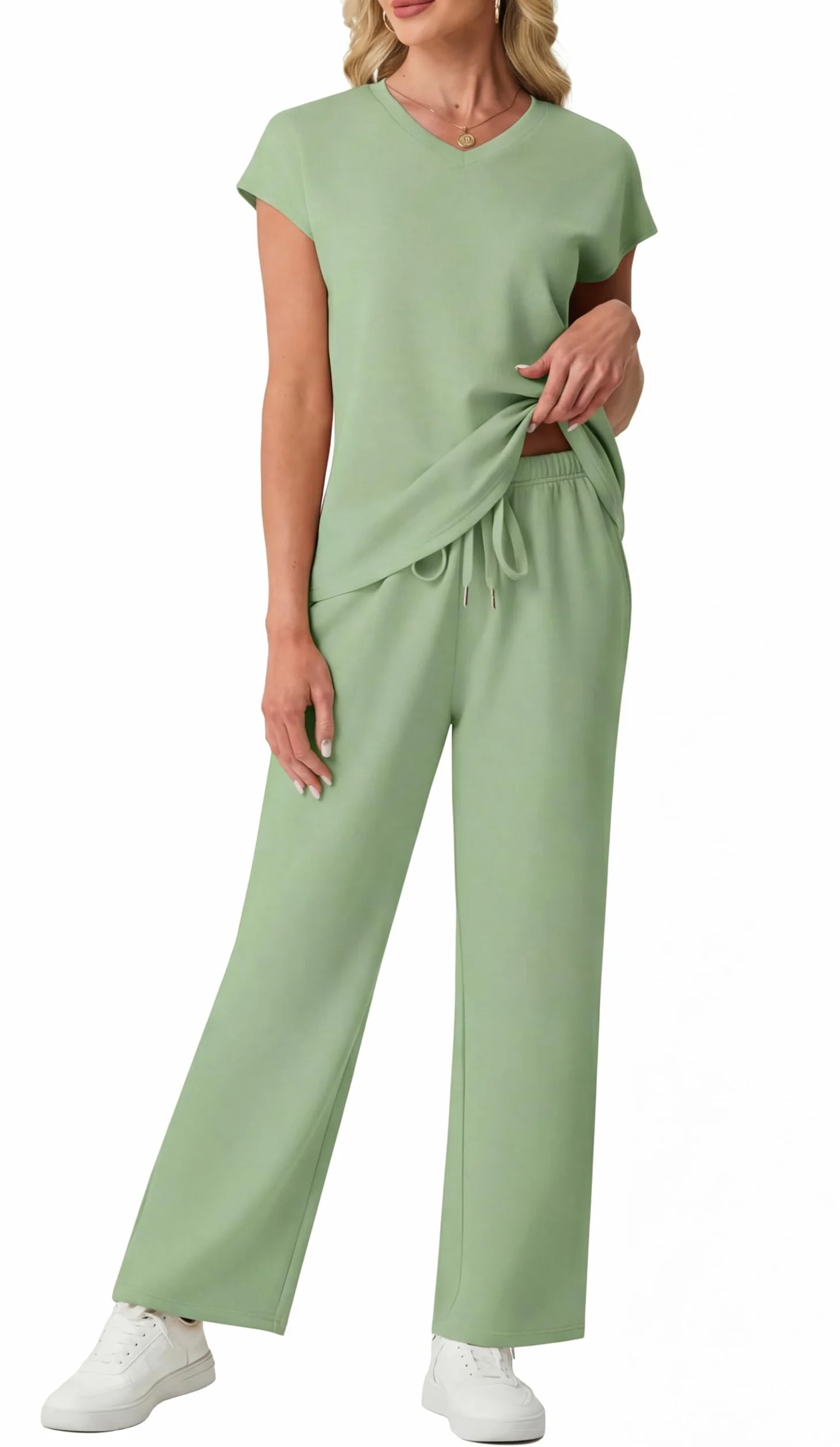 GRECERELLE Conjunto completo de chándal para mujer, de manga corta, de verano, para descansar, conjunto de dos piezas, casual, cuello redondo, tops y pantalones deportivos para gimnasio con bolsillos