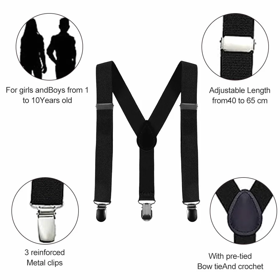 Tirantes Ajustables en Forma de Y con Pajaritas para Niños y Niñas 1-12 Años Negro Clip Talla Única