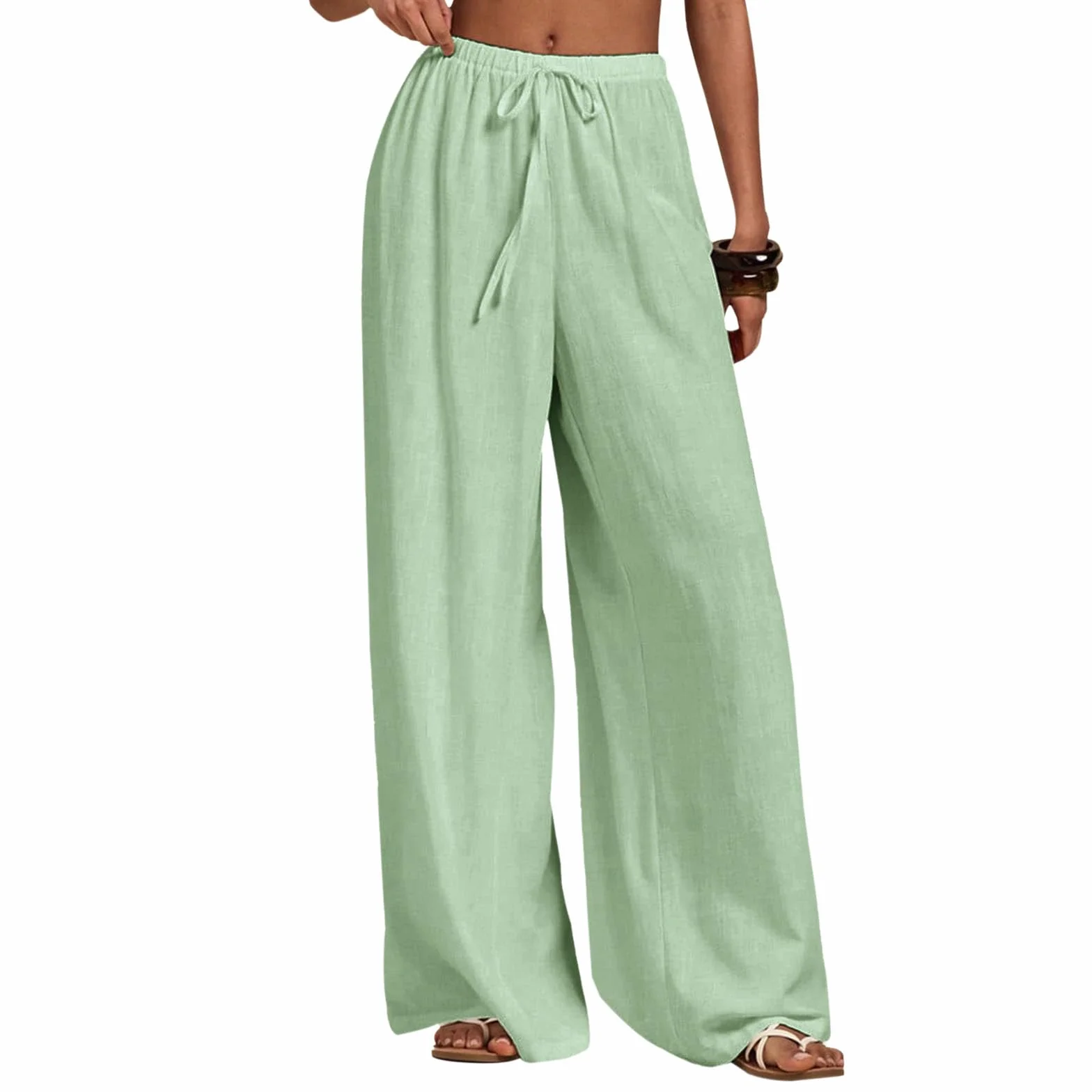 Pantalones Palazzo Mujer Lino Verano Elásticos Anchos con Bolsillos