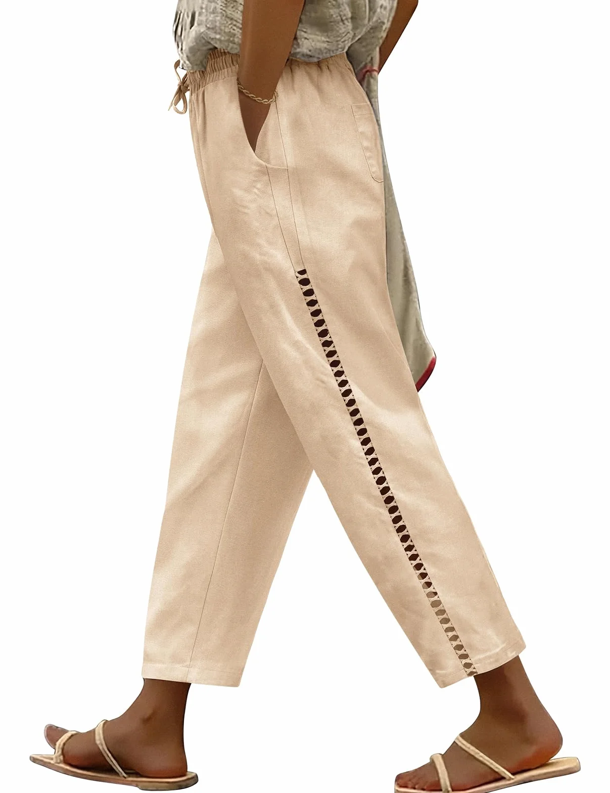 Pantalones Mujer Verano de Lino Elástico Cintura Suelta Cómodo Ligero con Bolsillos Cordón