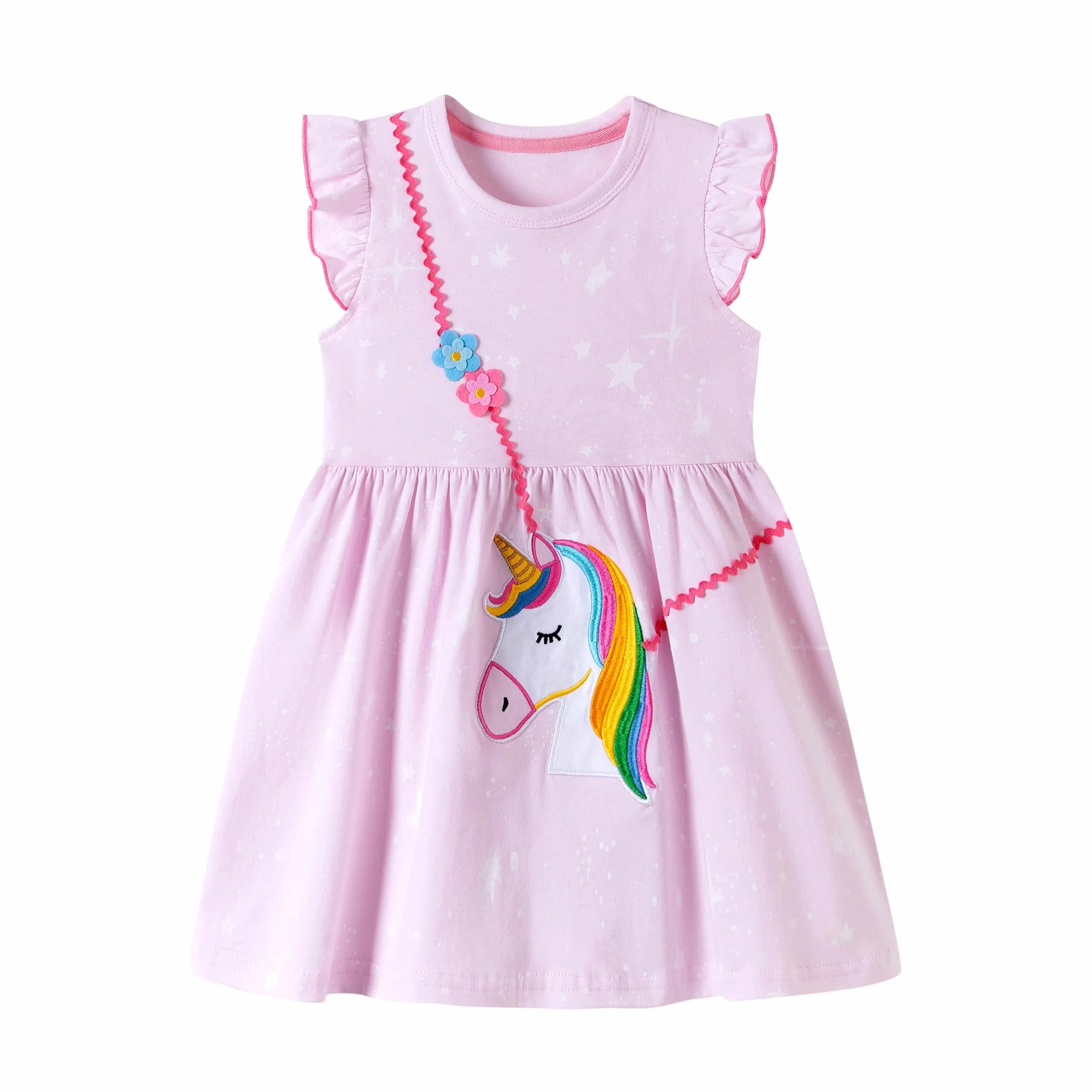 Vestido Niña Unicornio Manga Algodón Flores Verano Casual 2-8 Años