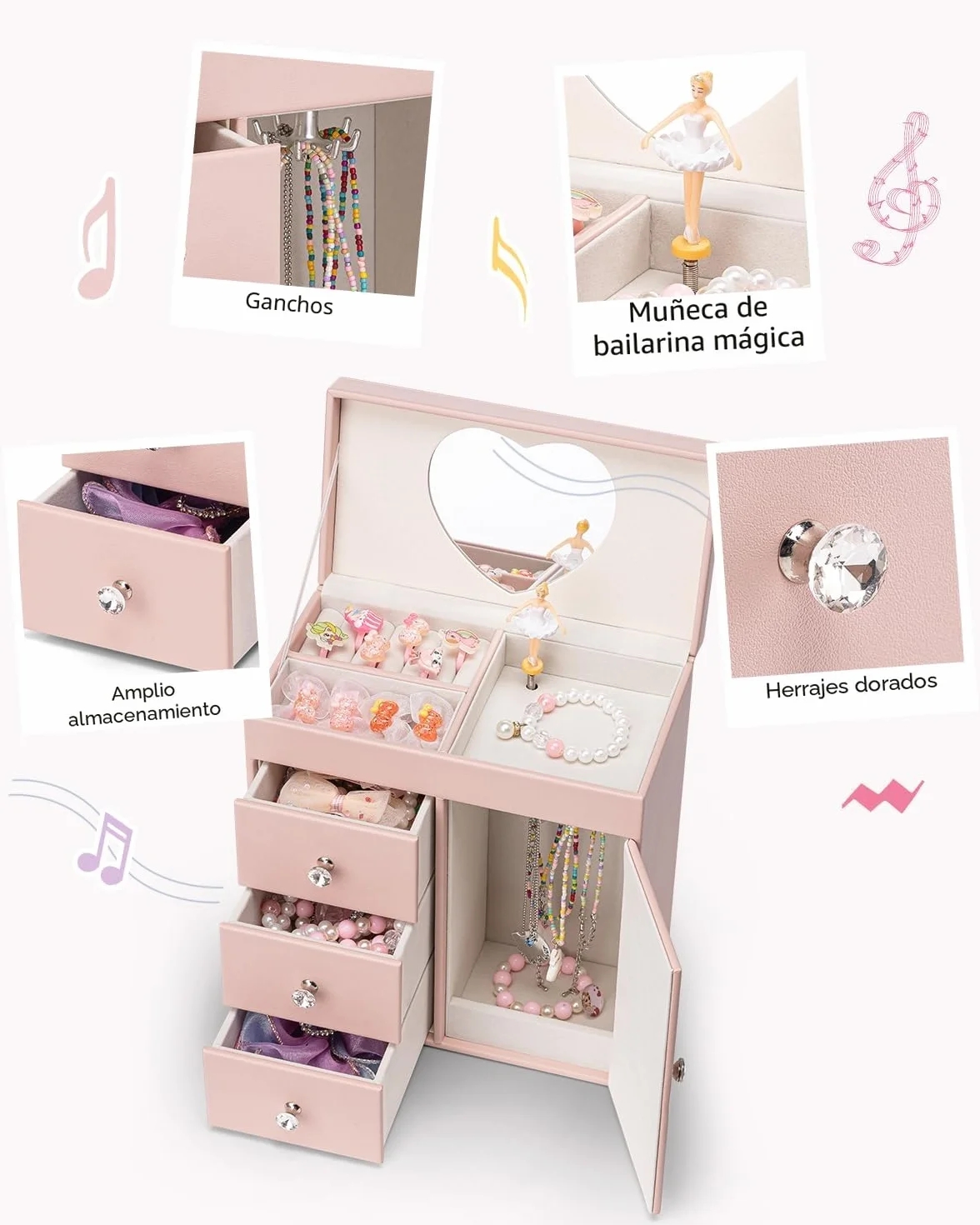Caja de música para niñas con bailarina, joyero musical 4 capas