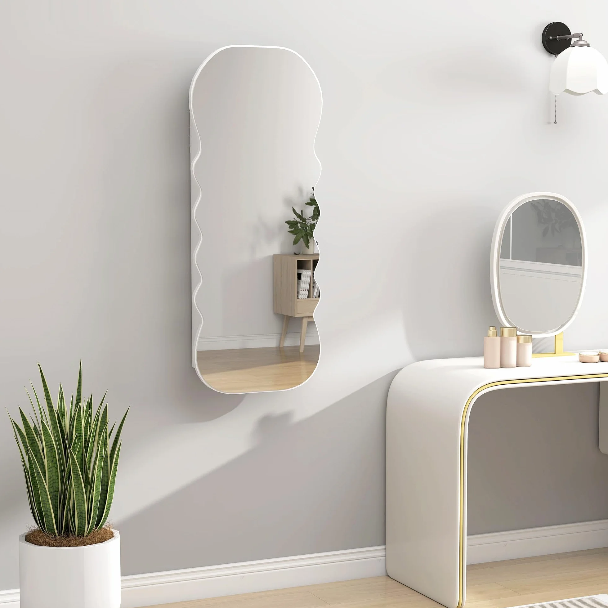 HOMCOM Espejo Joyero con Luz LED 3 Colores, Armario para Joyas Montado en Pared, Espejo Entero, Blanco