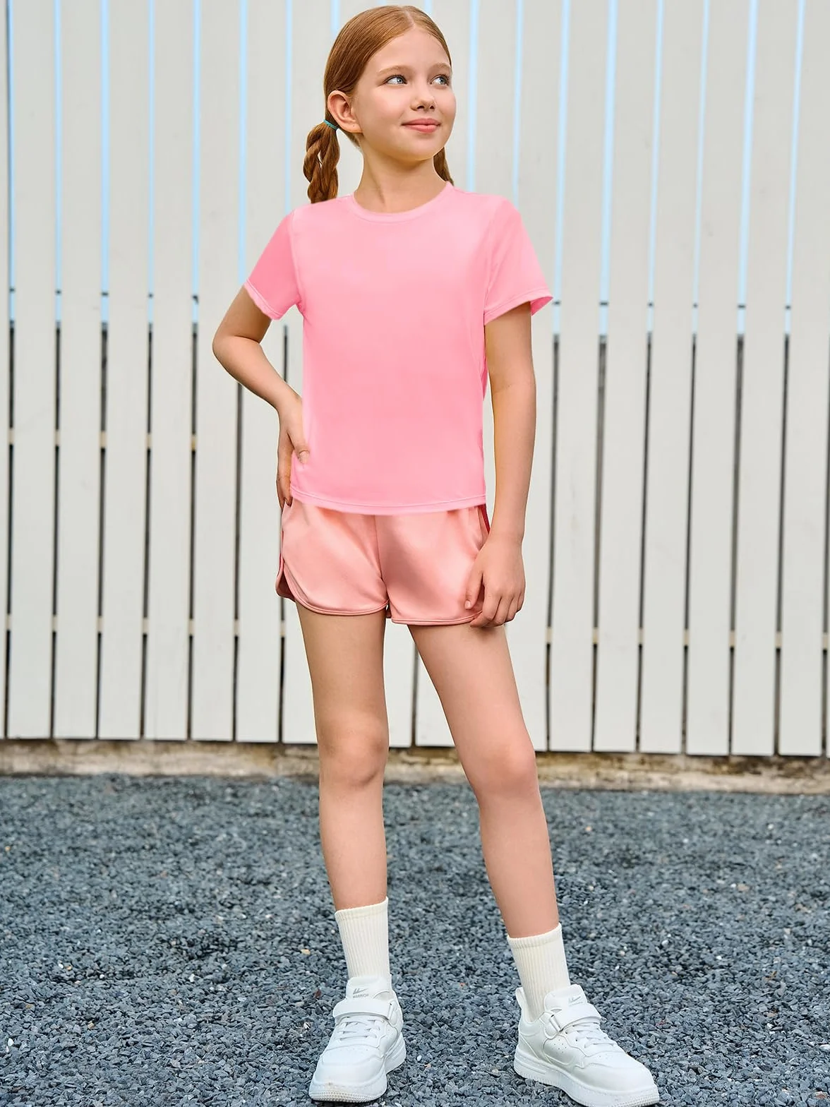Camisetas atléticas manga corta niñas ajuste seco dobladillo curvado 5-14 años