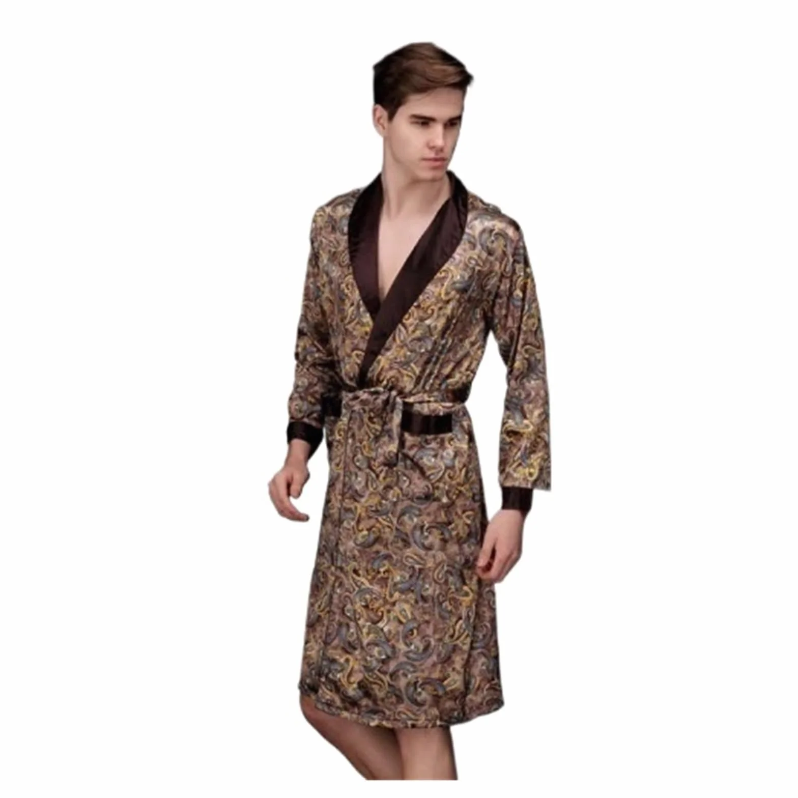 Bata Hombre Seda, Ropa De Dormir De Seda Satinada, Bata De Baño De Verano, Pijama De Manga Larga, Bata De Dormir, Pijama Sleepwar Hombre para SPA (Coffee, XXL)
