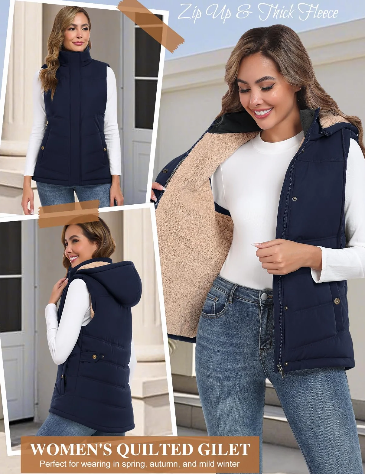 Chaleco Mujer Invierno Térmico Acolchado Chaqueta sin Mangas Forro Polar con Capucha Bolsillos