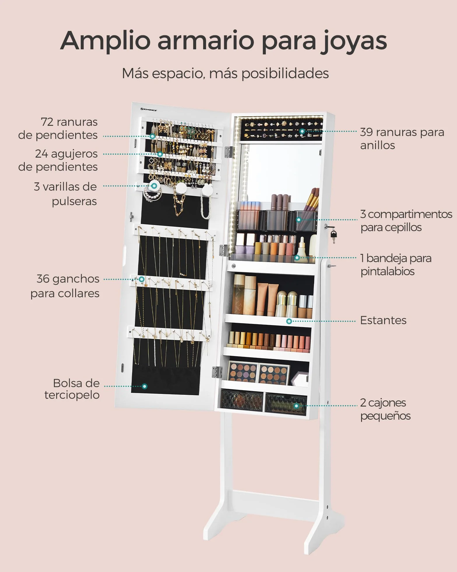 SONGMICS Armario Joyero con Espejo, Luces LED, 2 Cajones, Blanco Nube JJC023W01