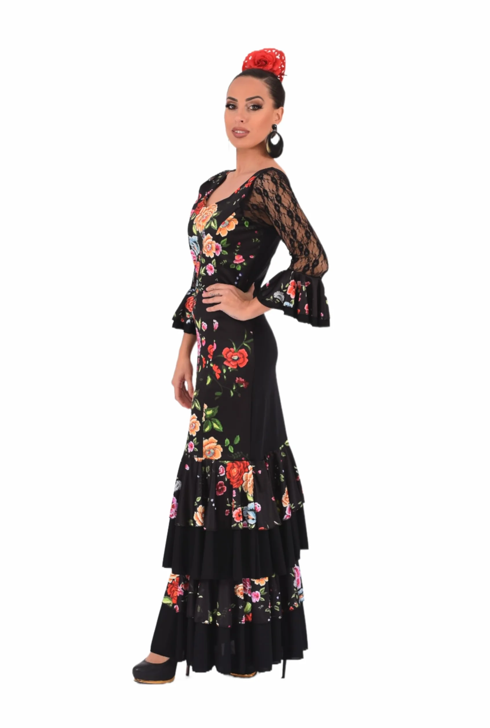 Vestido Flamenco Mujer con Volantes Traje Feria Sevillanas Mangas Encaje Estampado Floral