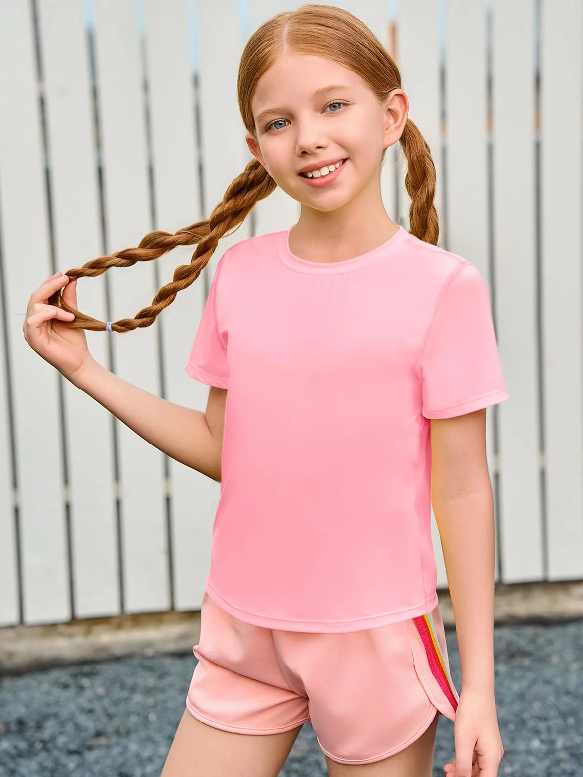 Camisetas atléticas manga corta niñas ajuste seco dobladillo curvado 5-14 años