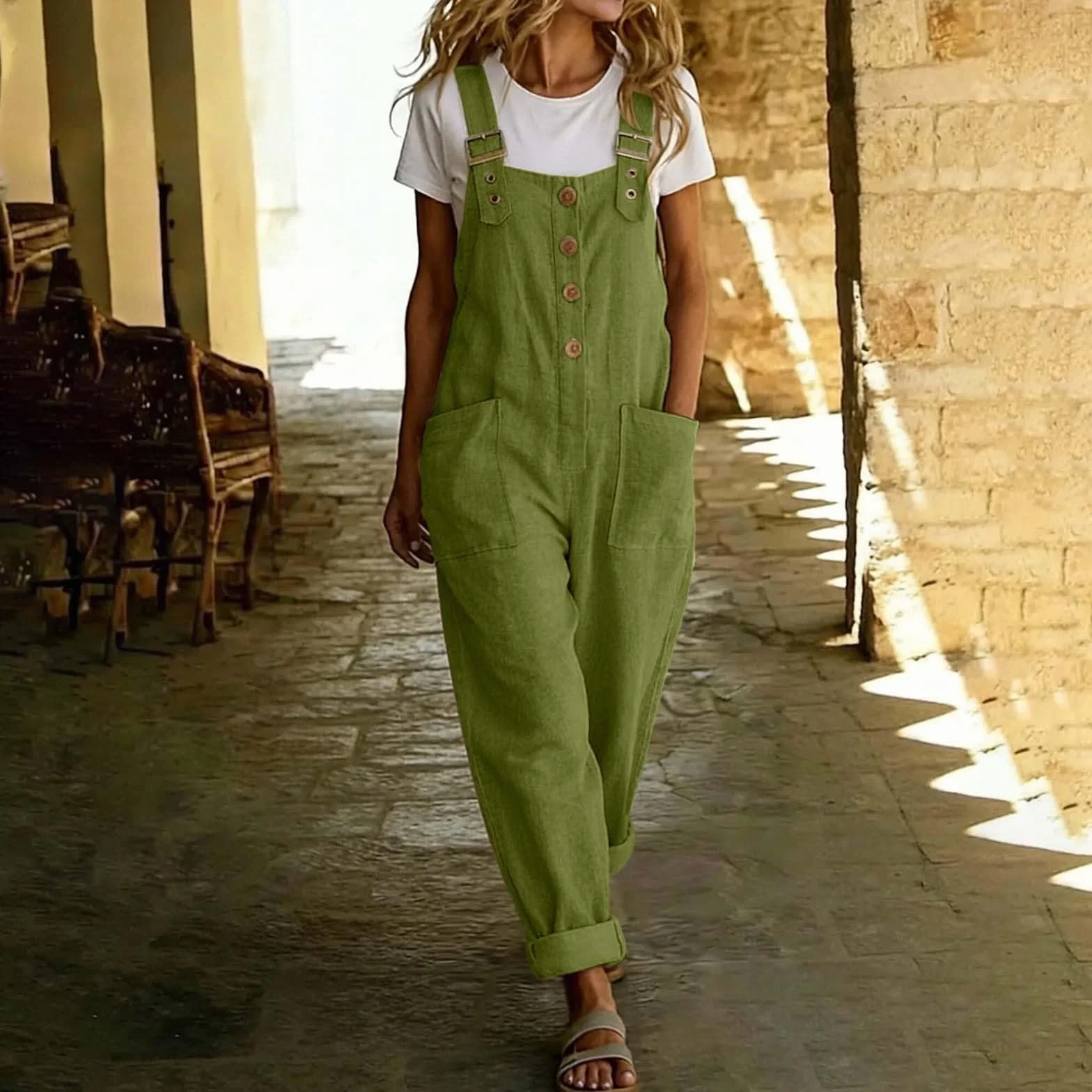 Mono de lino para mujer verano pierna ancha corte holgado con bolsillo retro