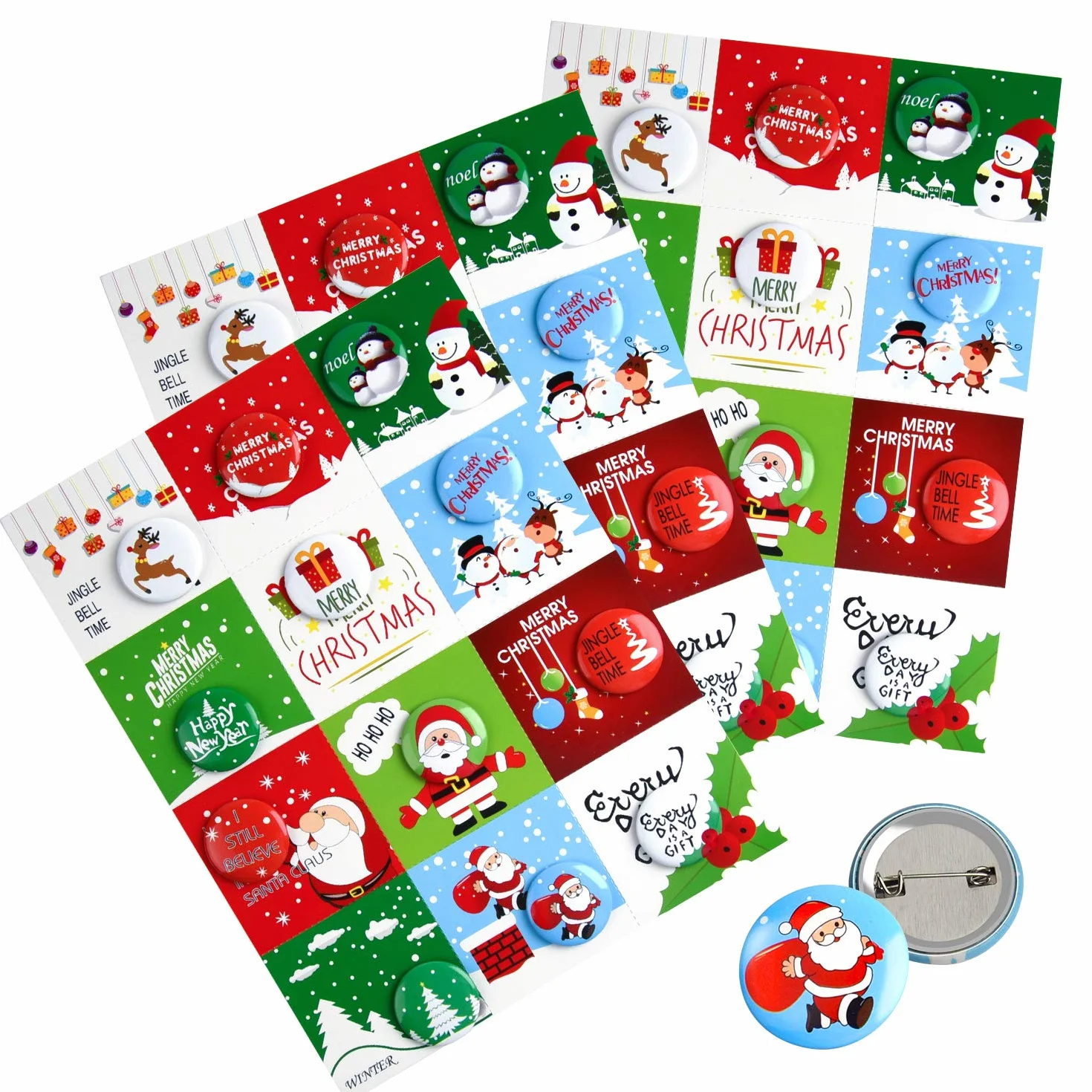 FEPITO 36 Pcs Botones de Feliz Navidad Botones Mini Pinback con Tarjetas de Navidad para Niños Suministros Fiesta de Navidad